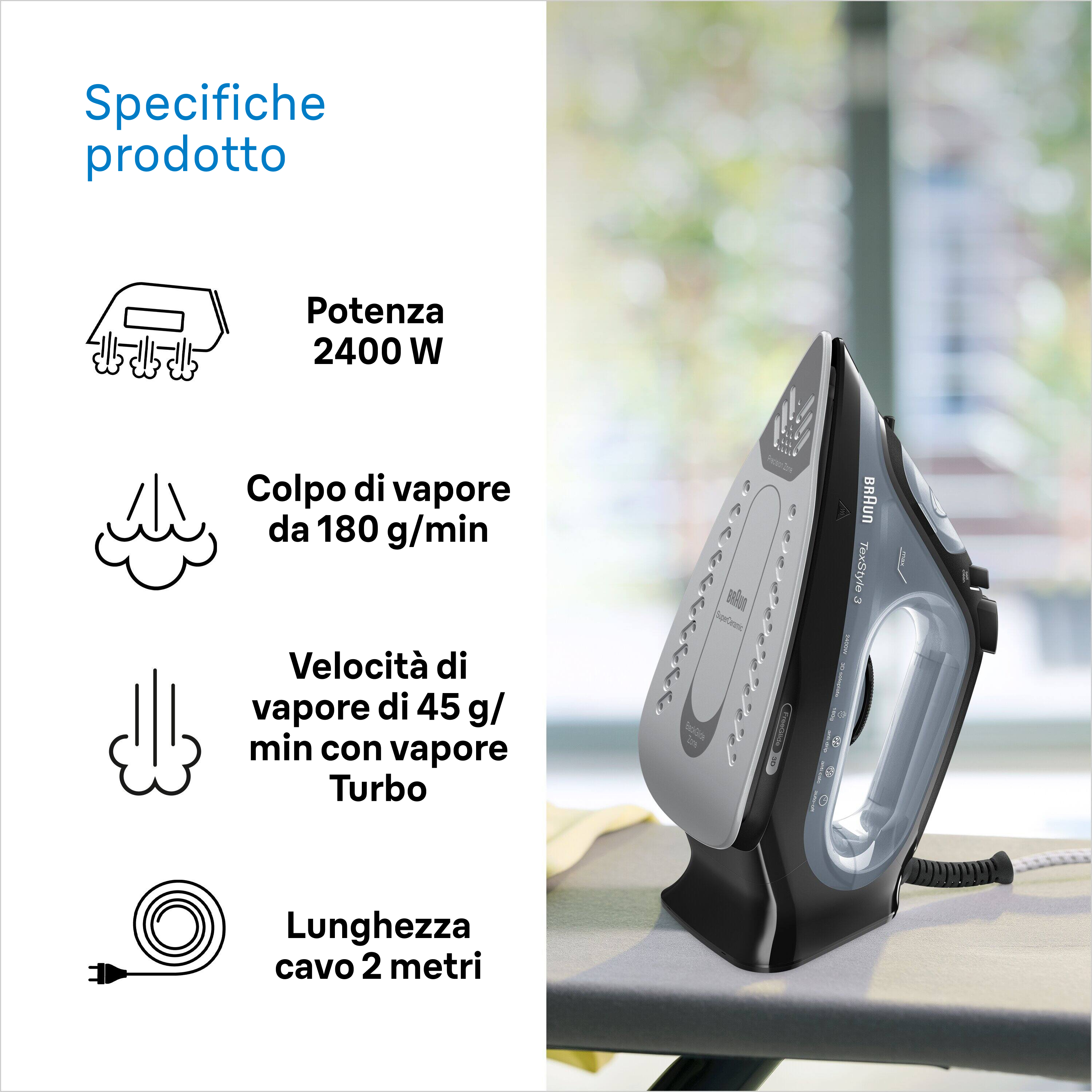 Specyfikacje żelazka Braun TexStyle 3: moc 2400W, uderzenie pary 180 g/min, turbo para.
