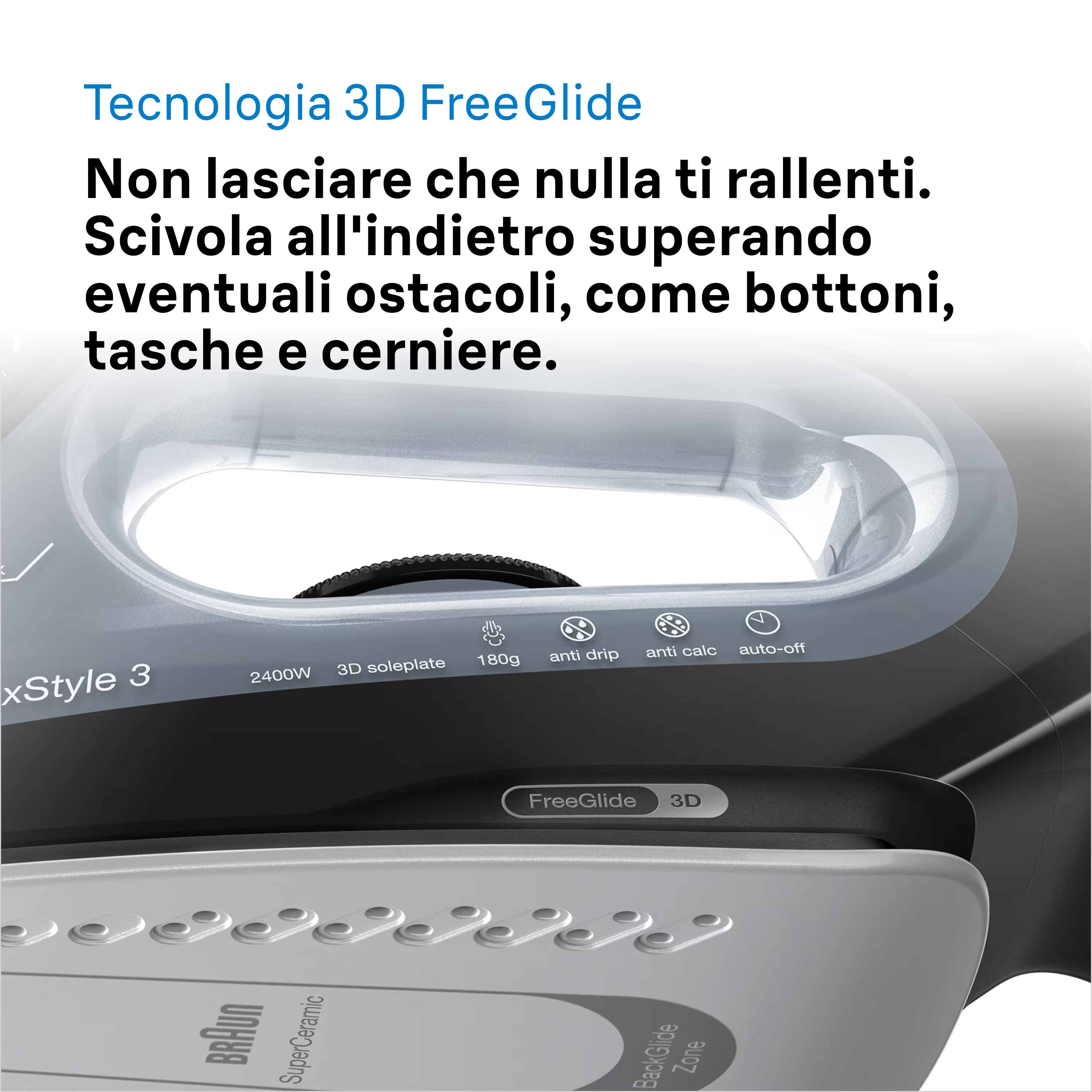 Zbliżenie żelazka. Szare i czarne kolory. Tekst na górze o 3D Glide.