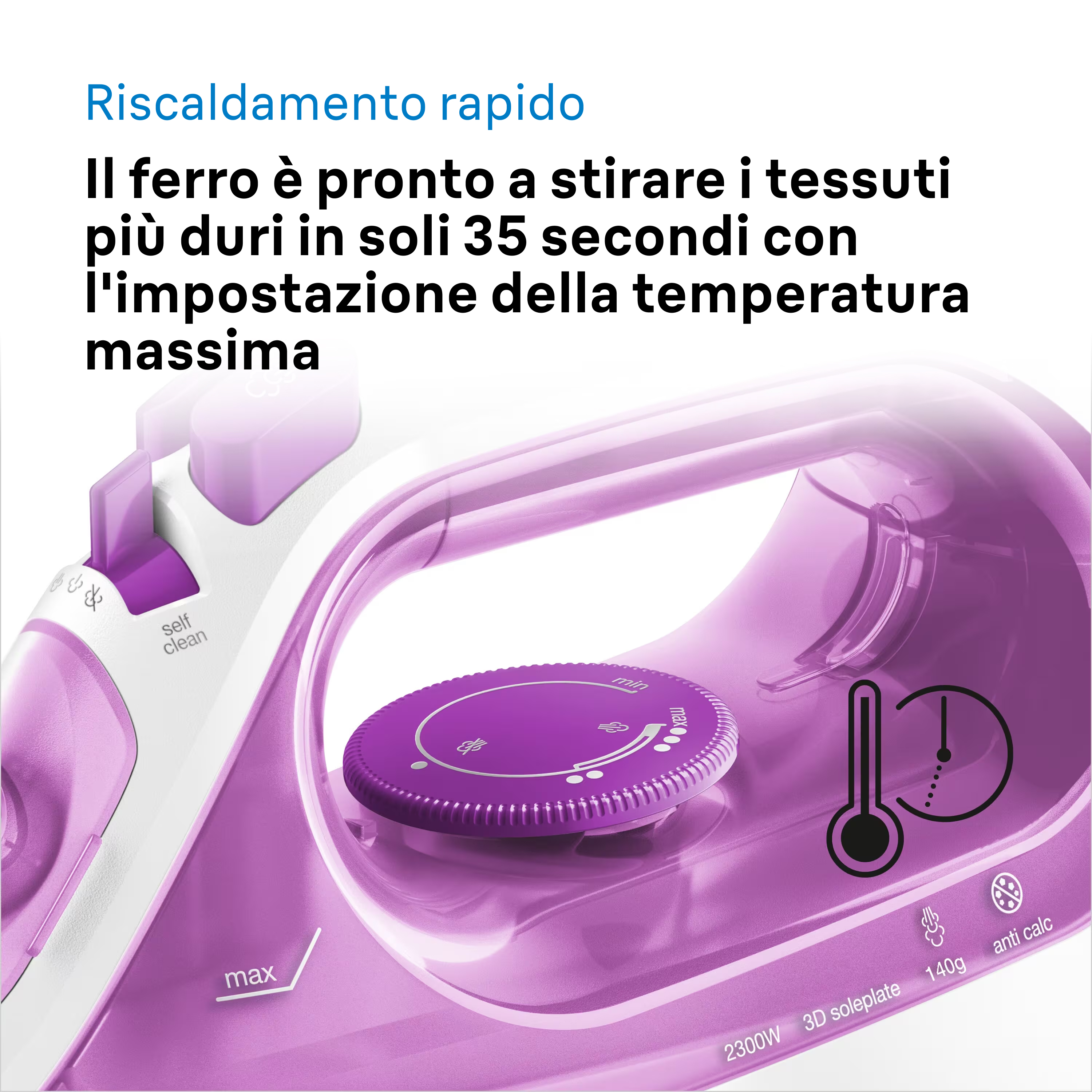 Zbliżenie fioletowego żelazka, z pokrętłem temperatury w centrum. Żelazko jest biało-fioletowe.