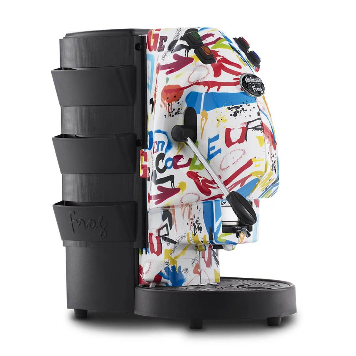 Kolorowy ekspres do espresso z grafiką graffiti, czarnym uchwytem na kubek i bocznym pojemnikiem.