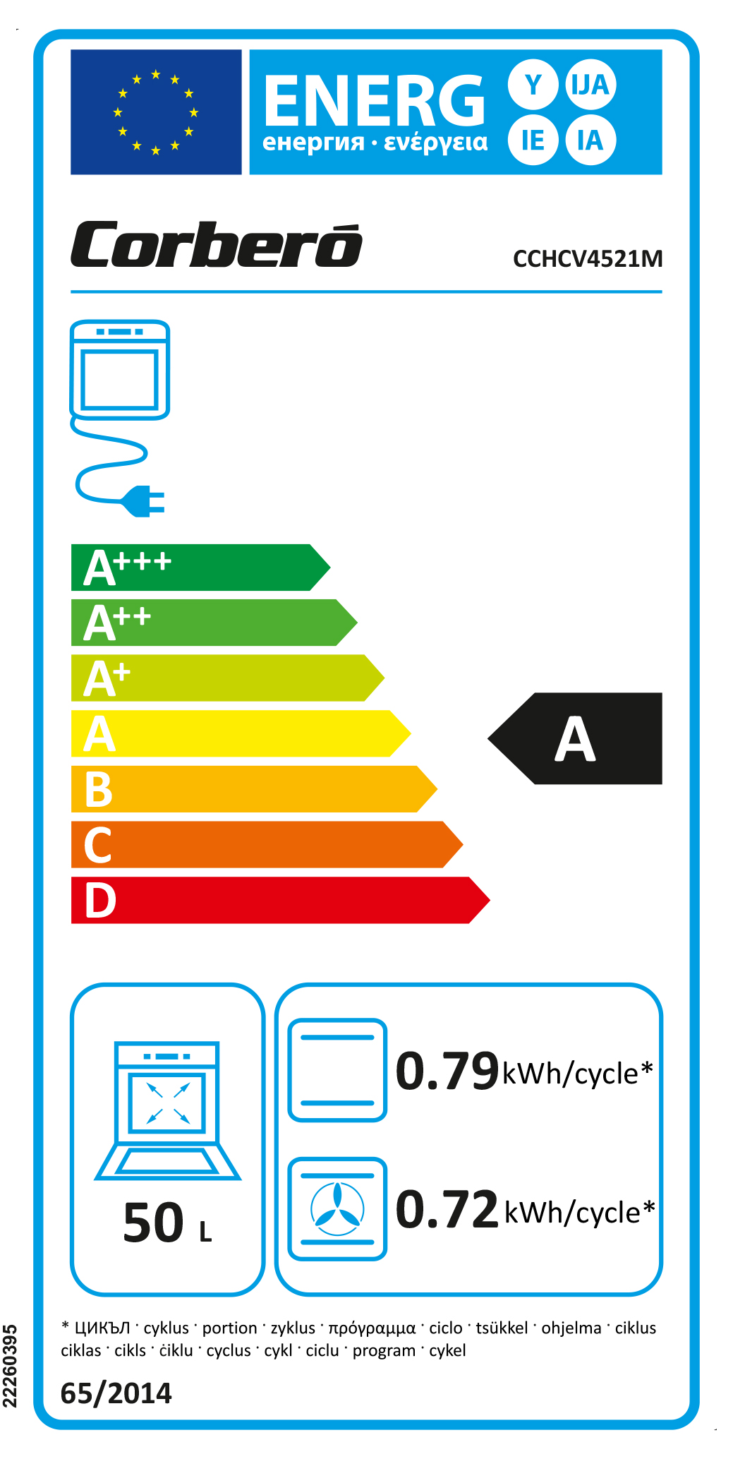 Etiqueta energética de un horno Corberó, clase A, con detalles de consumo energético.