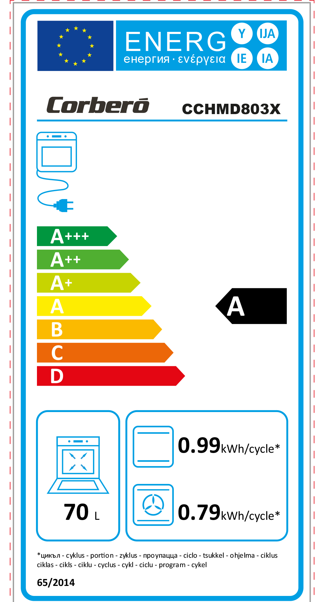 Etiqueta energética del horno: Corberó, modelo CCHMD803X, clase A, 0,99 kWh/ciclo.