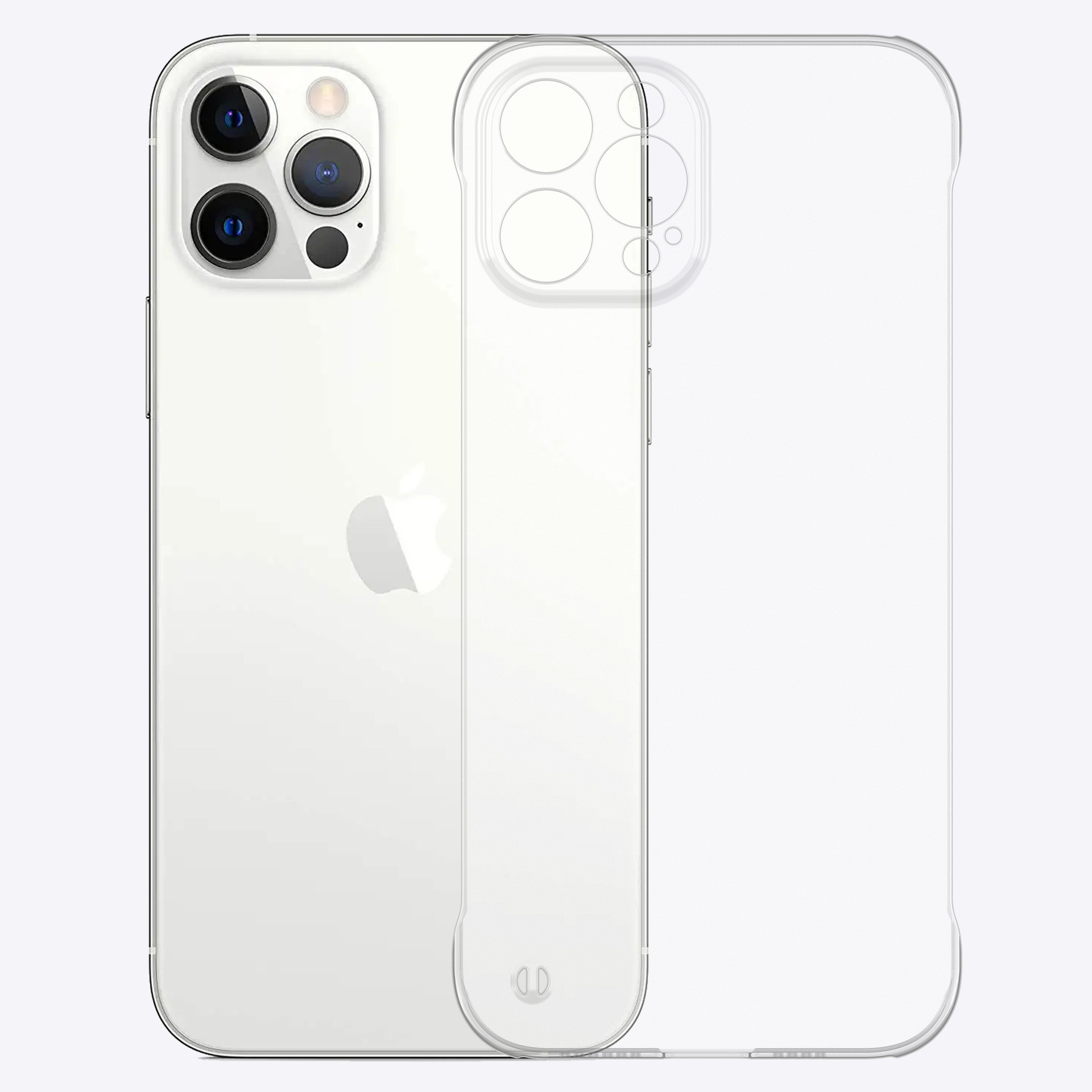 iPhone bianco con custodia trasparente su sfondo bianco, vista posteriore e anteriore.