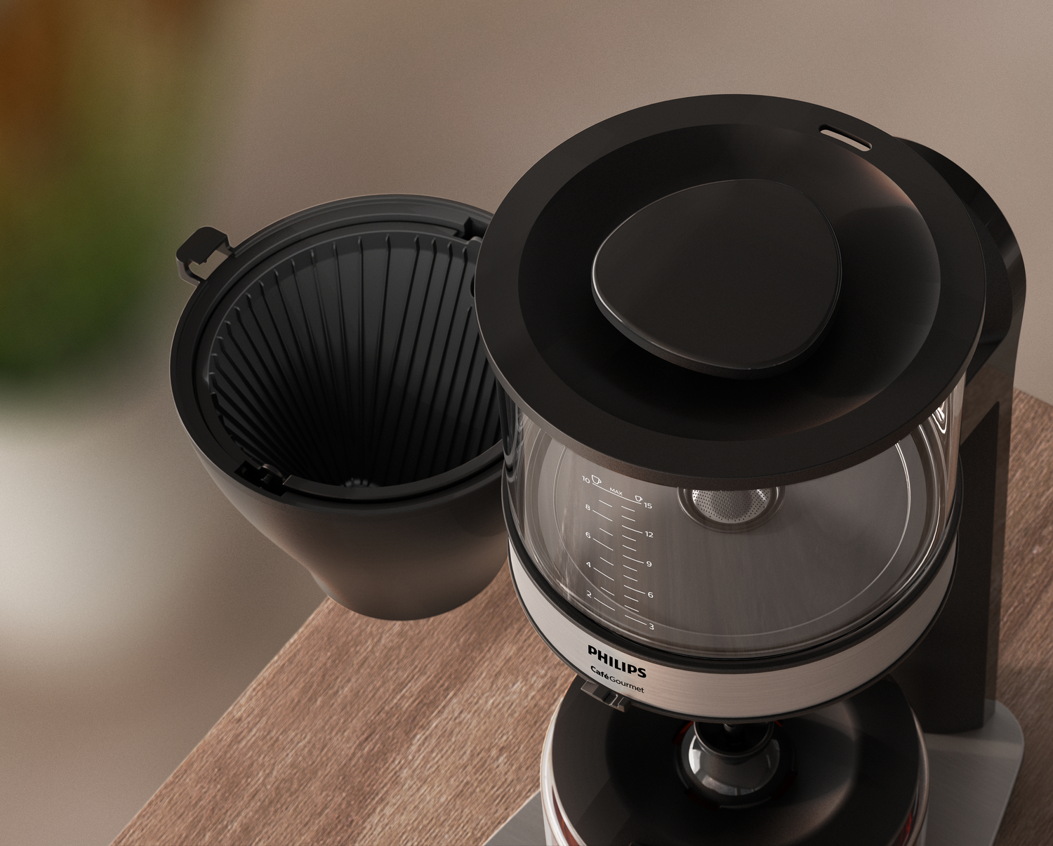 Czarne urządzenie audio z wejściami i wyjściami RCA oraz pokrętłem regulacji głośności.