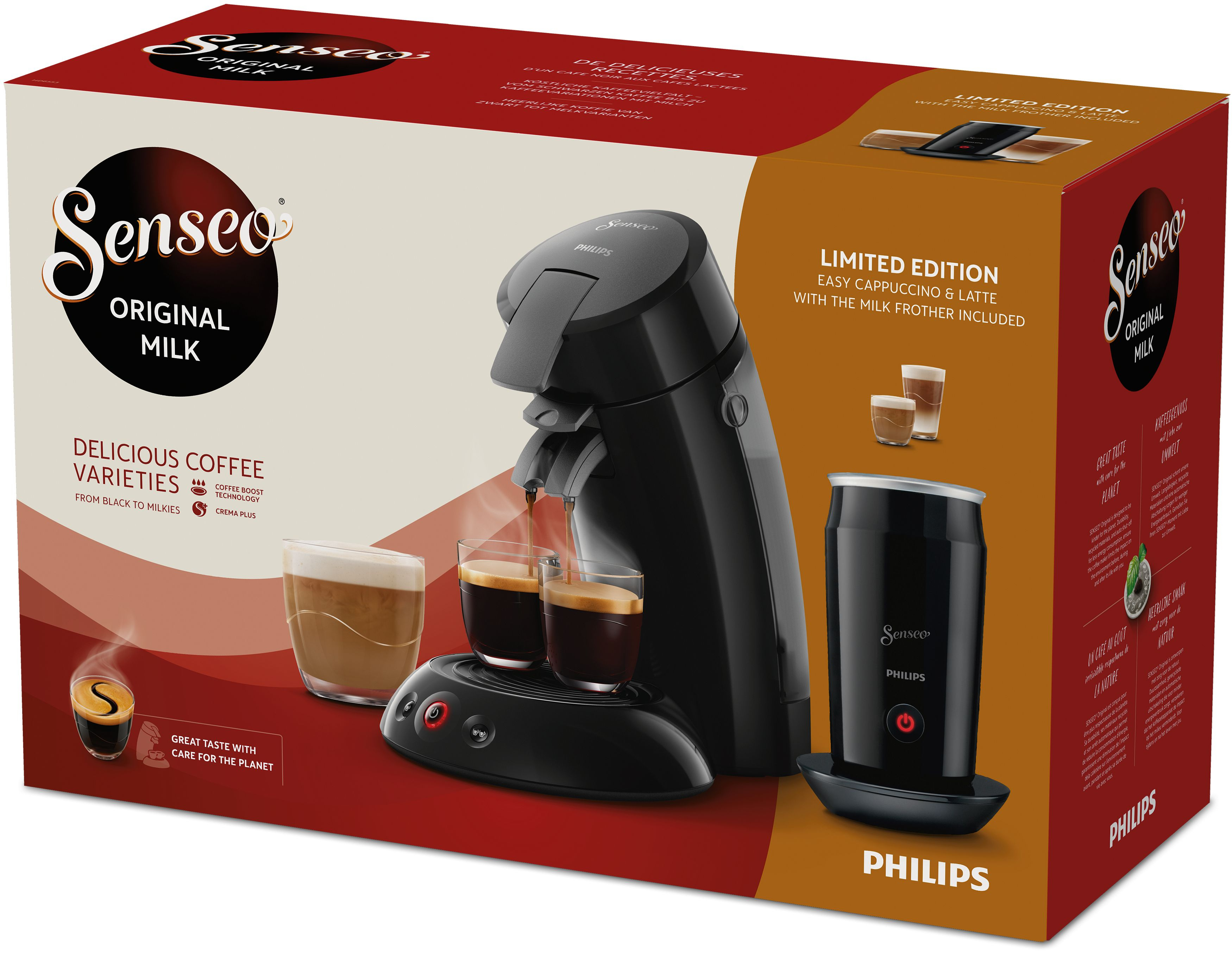 Pudełko ekspresu do kawy z maszyną i akcesoriami, promujące pyszne rodzaje kawy.