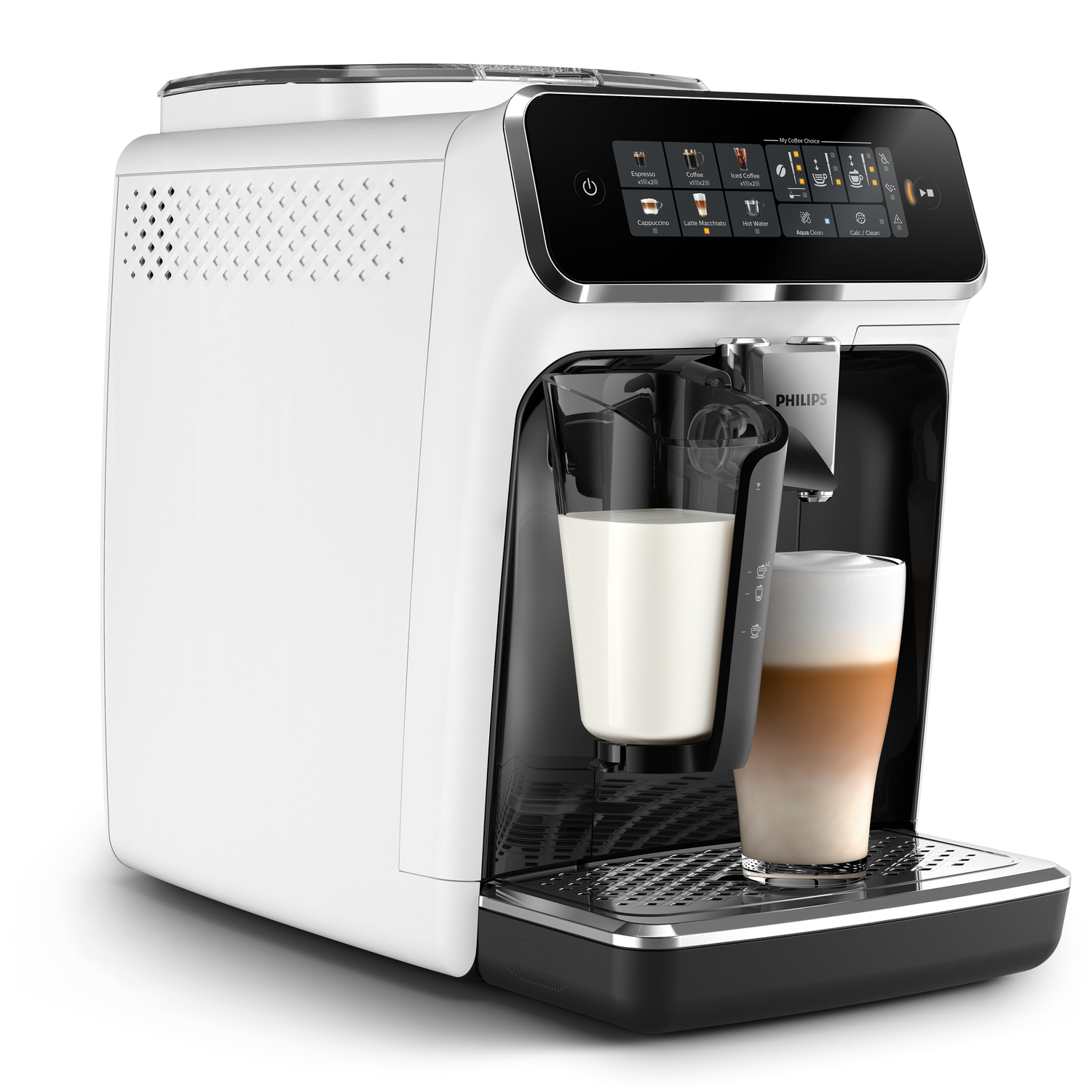 Moderne Kaffeemaschine mit Milchbehälter und einer Tasse Latte Macchiato auf einem Tablett.