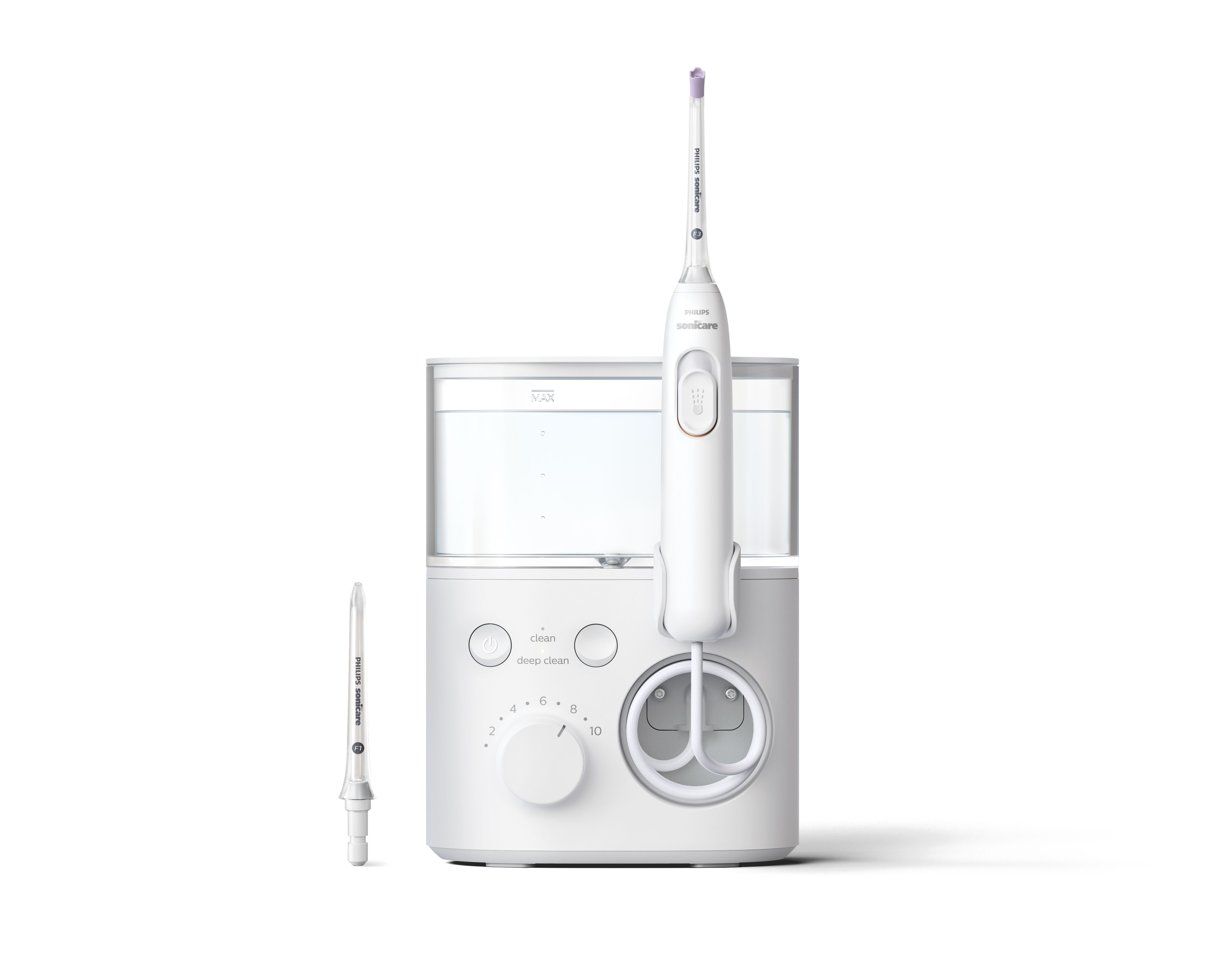 Dispositivo Philips Sonicare AirFloss bianco con serbatoio dell'acqua e due punte intercambiabili.