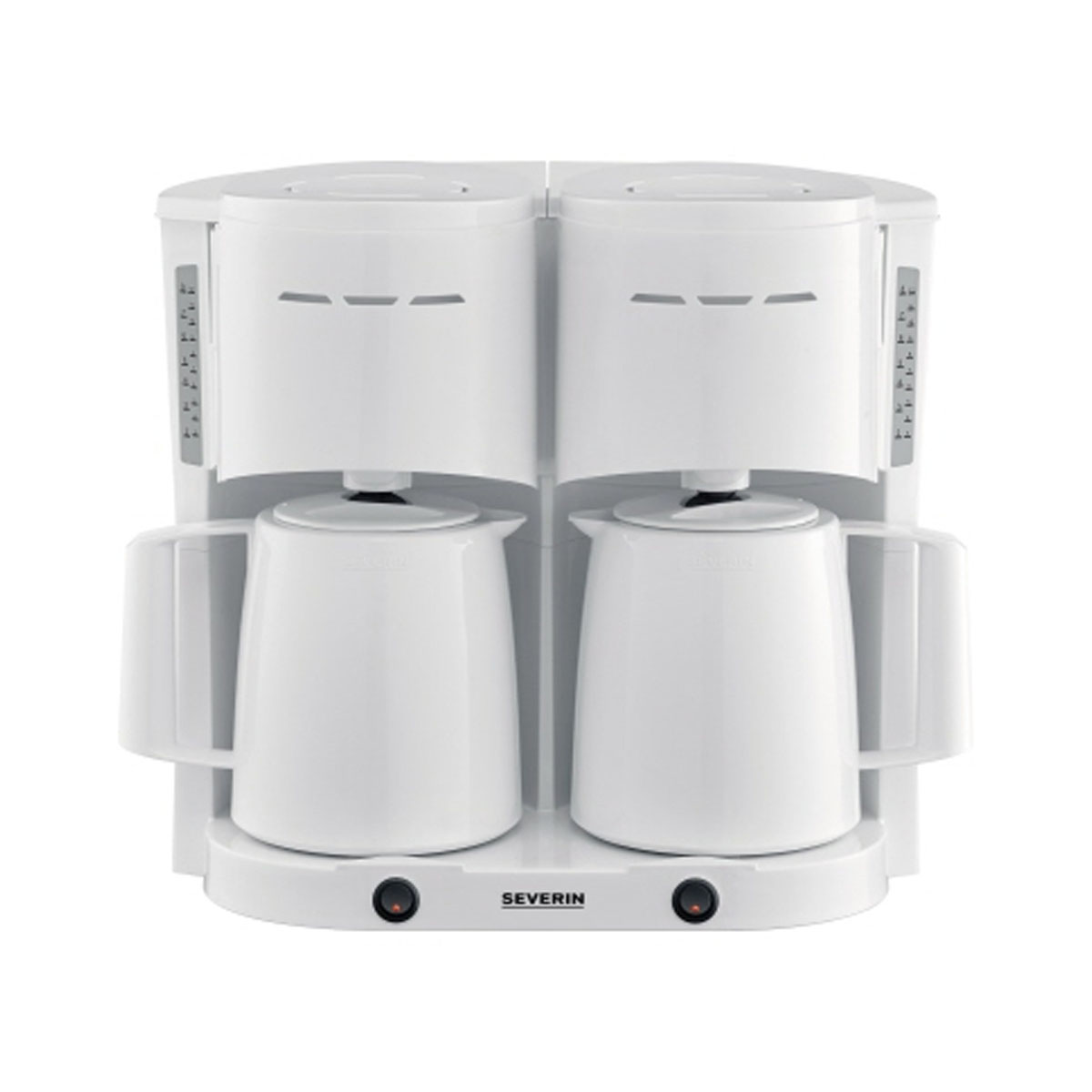 Biały ekspres do kawy z dwoma karafkami, dwoma uchwytami i białą podstawą.