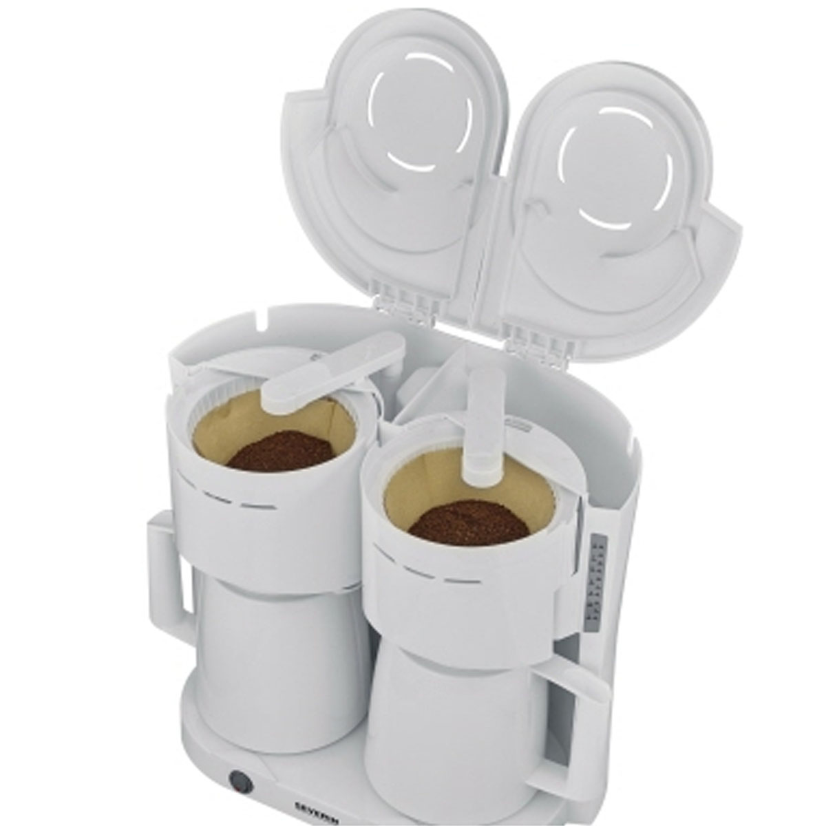 Biały ekspres do kawy z dwiema karafkami, dwoma uchwytami i białą podstawą.