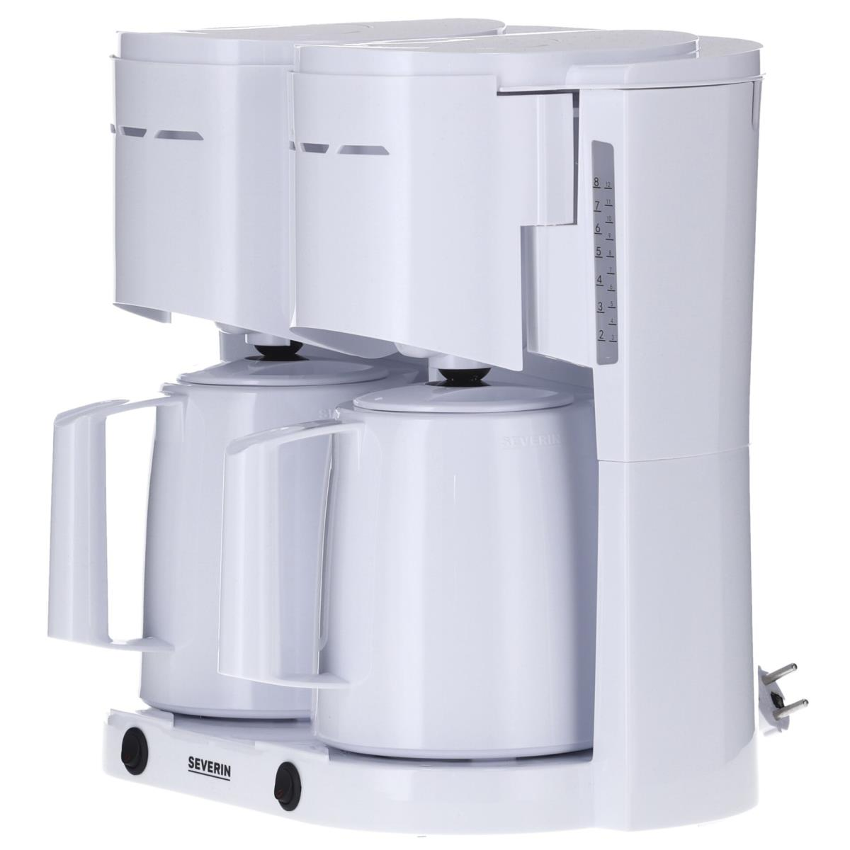 Biały ekspres do kawy Severin z dwoma karafkami. Maszyna ma wskaźnik poziomu wody.