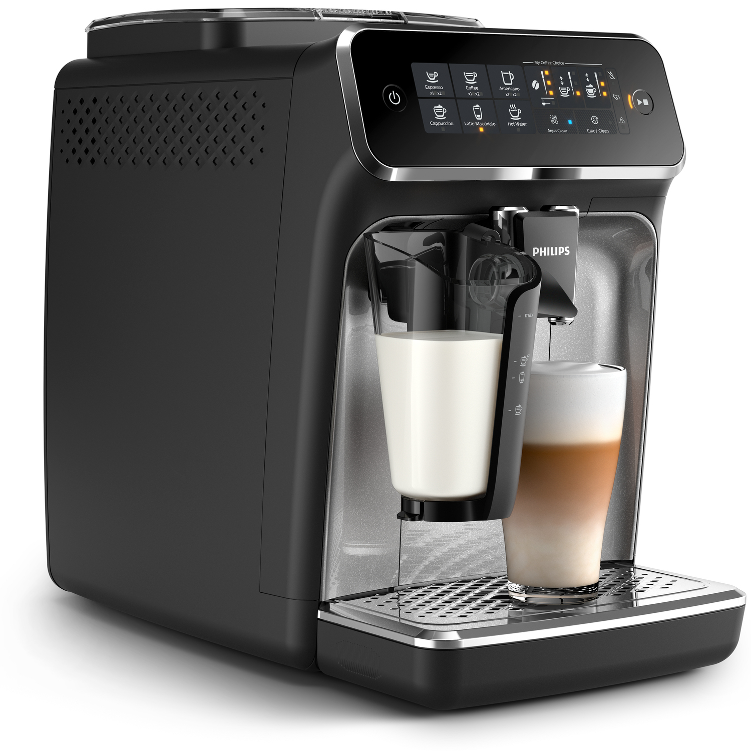 Siyah kahve makinesi, süt köpürtücü ve sağda bir bardak latte macchiato.