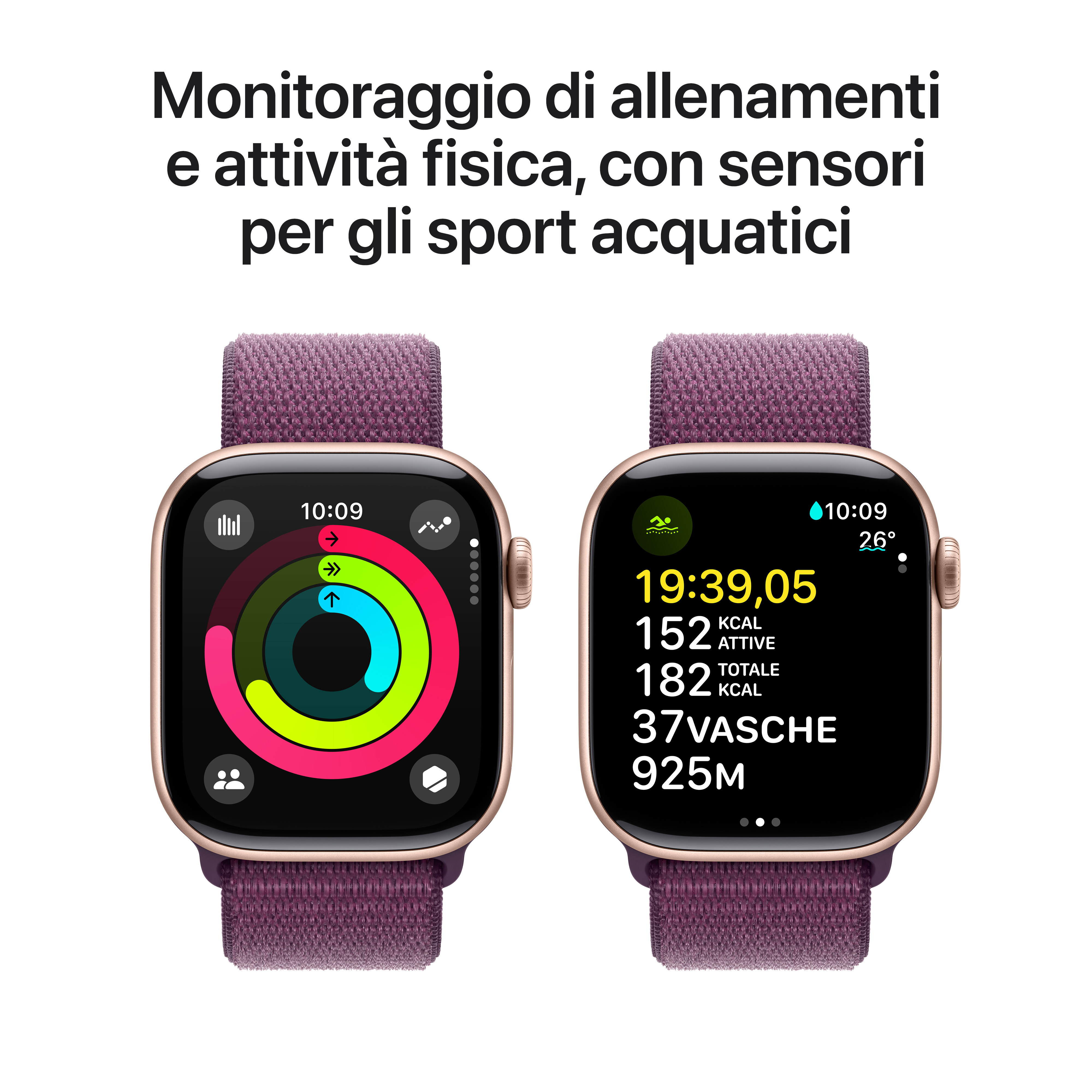 Dos Apple Watches, uno mostrando anillos de actividad, el otro datos de entrenamiento.