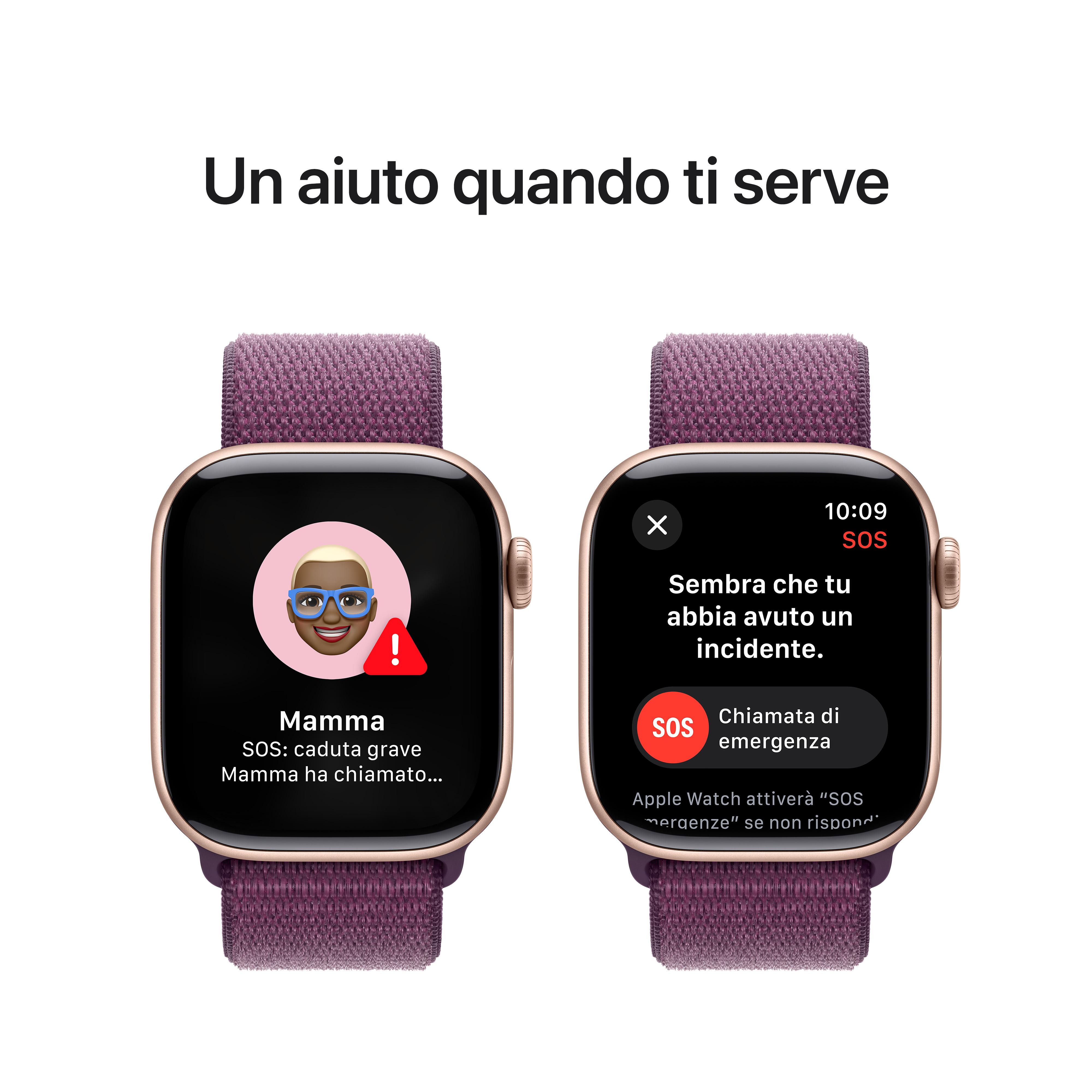 Dos Apple Watches. Uno muestra una llamada de emergencia, el otro un mensaje SOS.