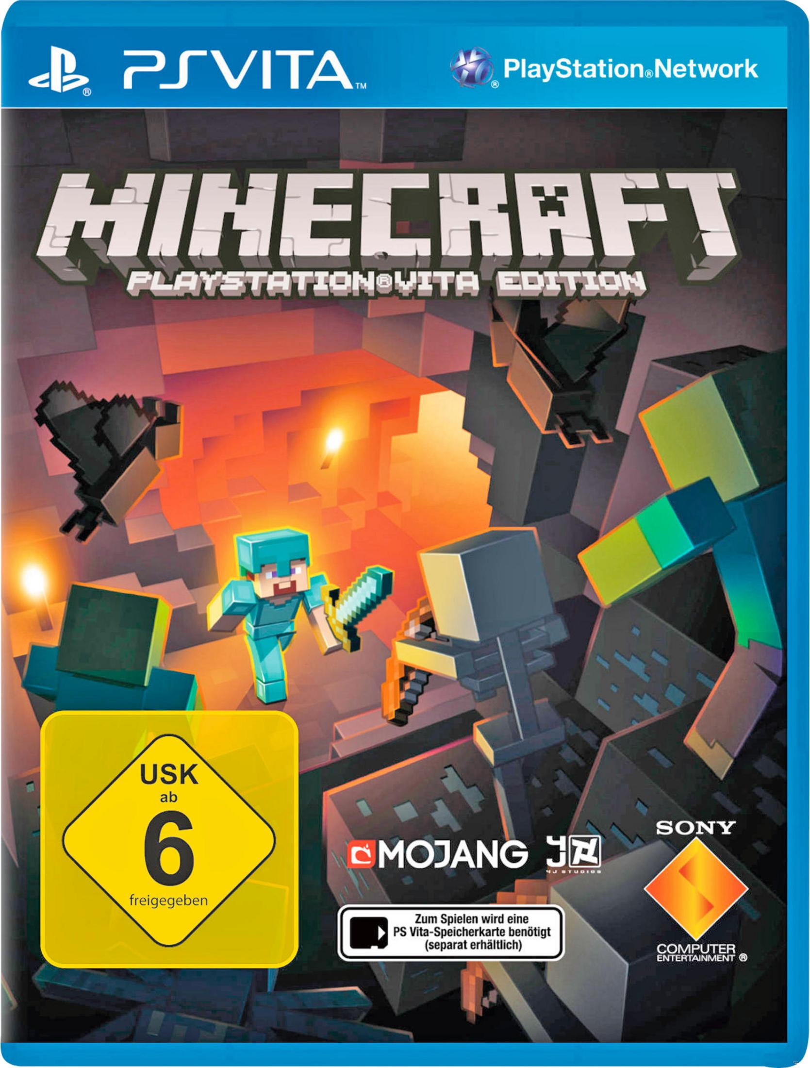 Minecraft PS Vita Spielcover. Pixelwelt, Spielfiguren, gelbe USK-Freigabe.