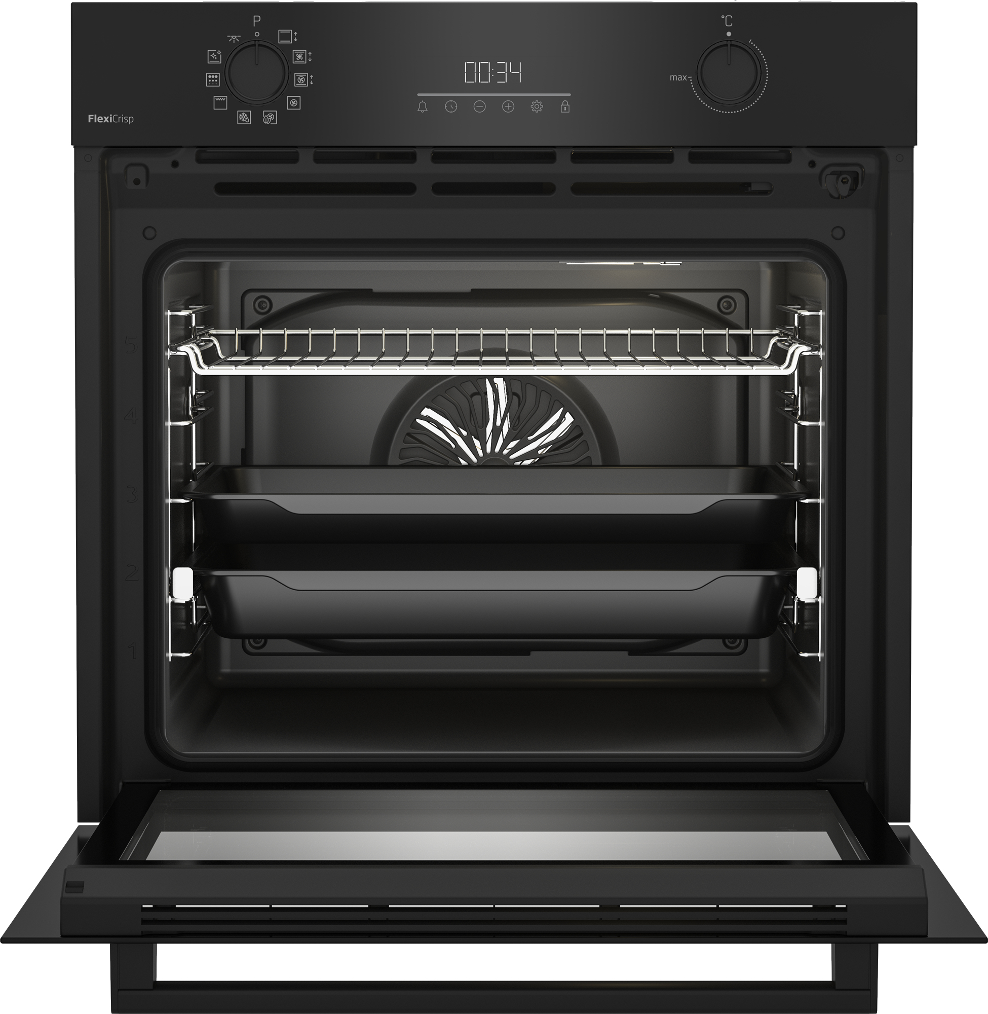 Forno nero con porta aperta. Vista interna con due griglie e una ventola.
