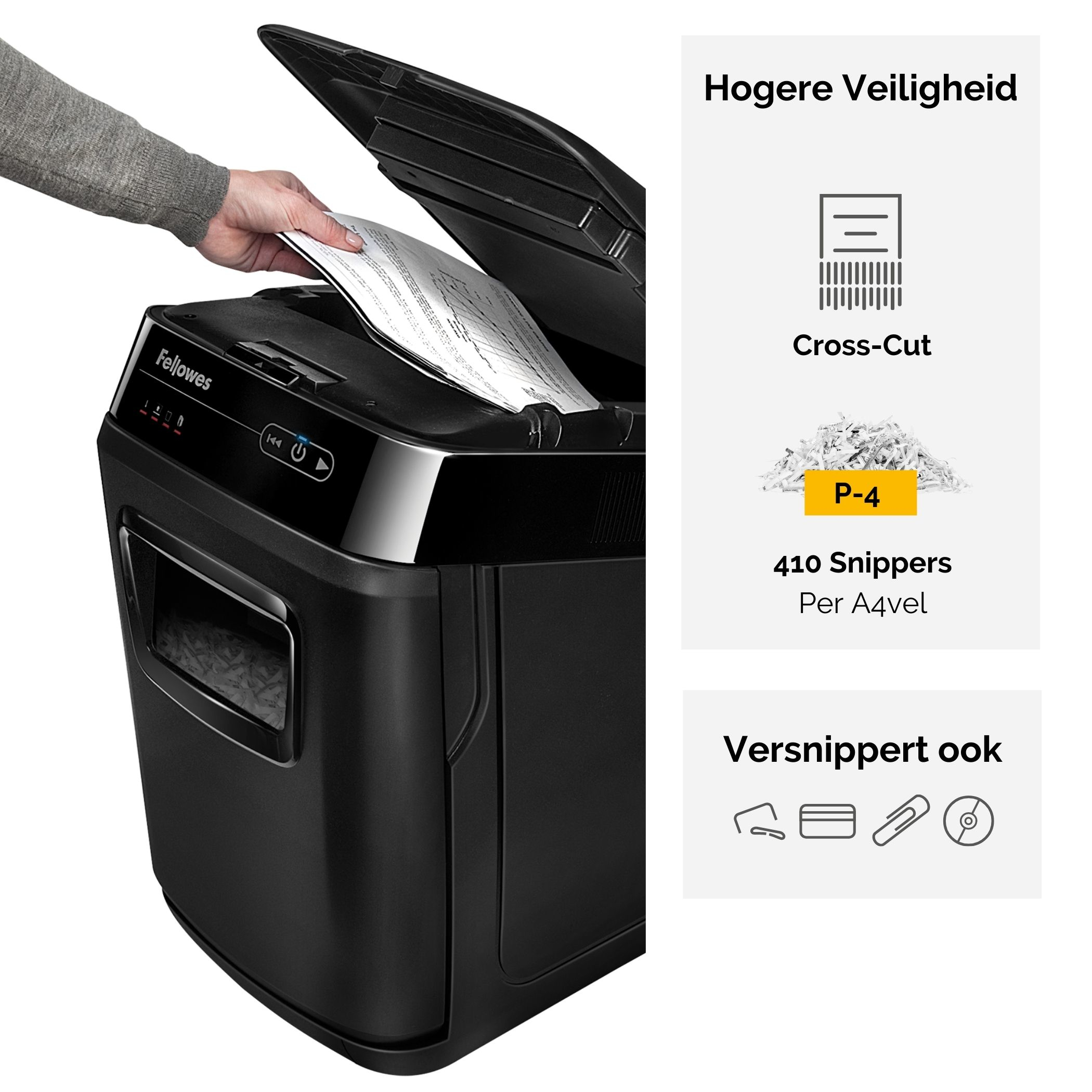 Osoba wkładająca papier do niszczarki Fellowes, z tekstem wskazującym cięcie krzyżowe.