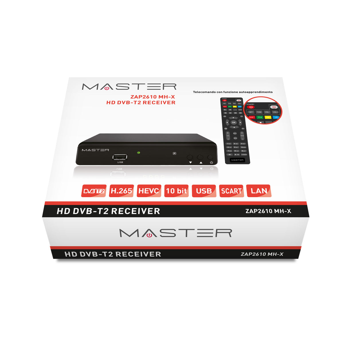 Una caja blanca con un receptor HD DVB-T2 negro y mando a distancia.