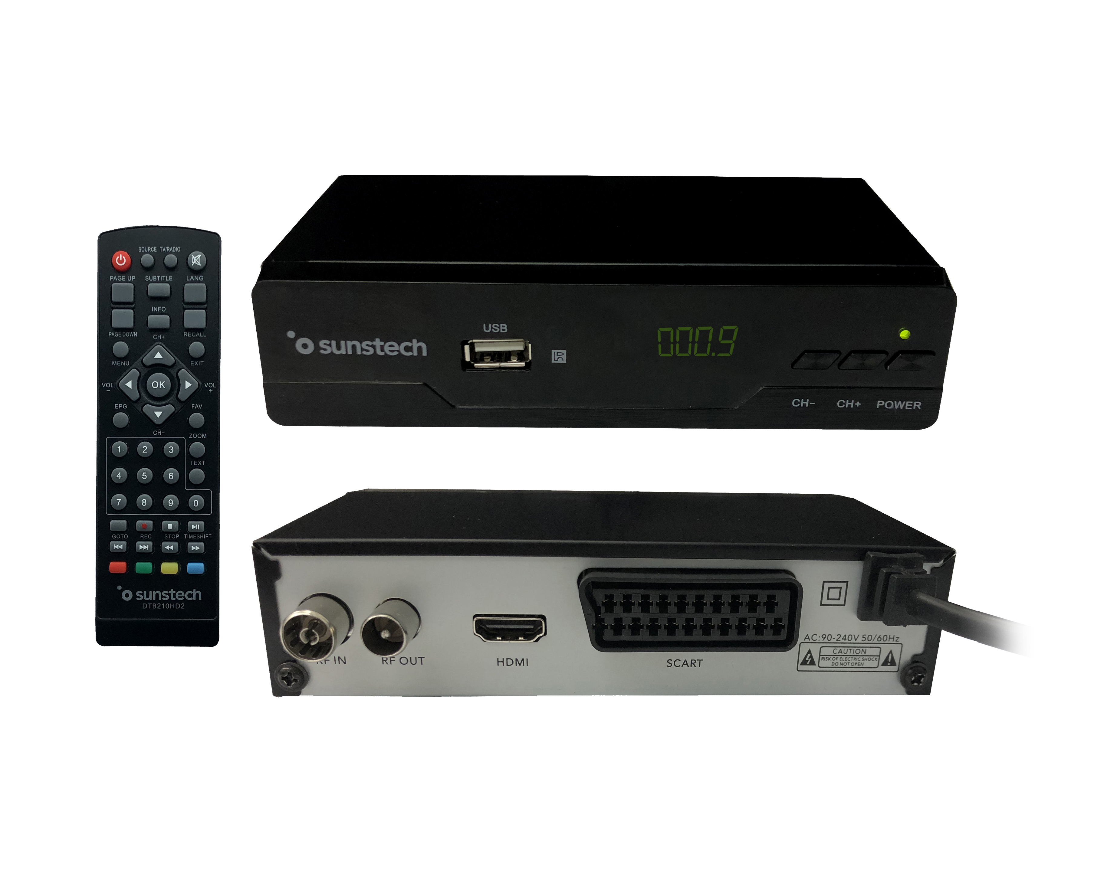 Receptor digital Sunstech negro con mando a distancia. Tiene varios puertos y una pantalla.