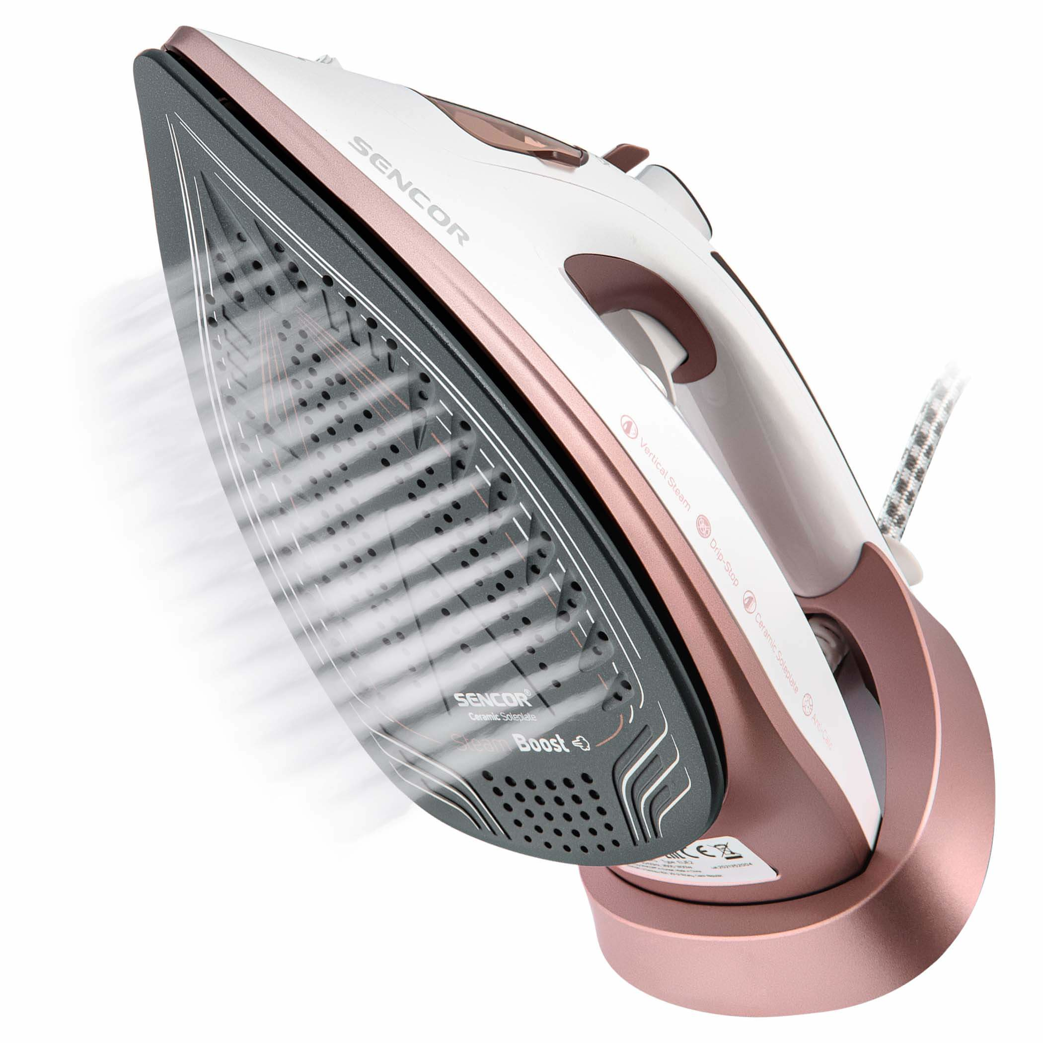 Białe i różowo-złote żelazko paruje. Żelazko stoi na różowo-złotej podstawie.