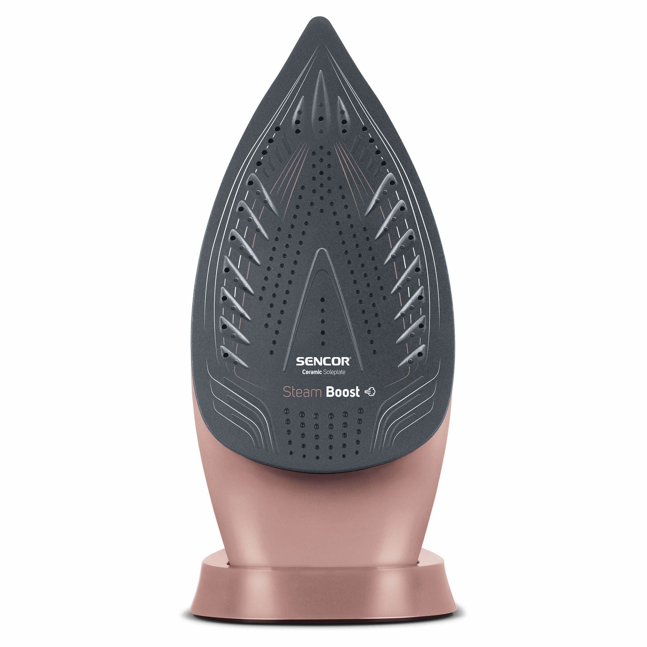 Zbliżenie na stopę żelazka Sencor. Ciemnoszara z różową podstawą, etykieta Steam Boost.