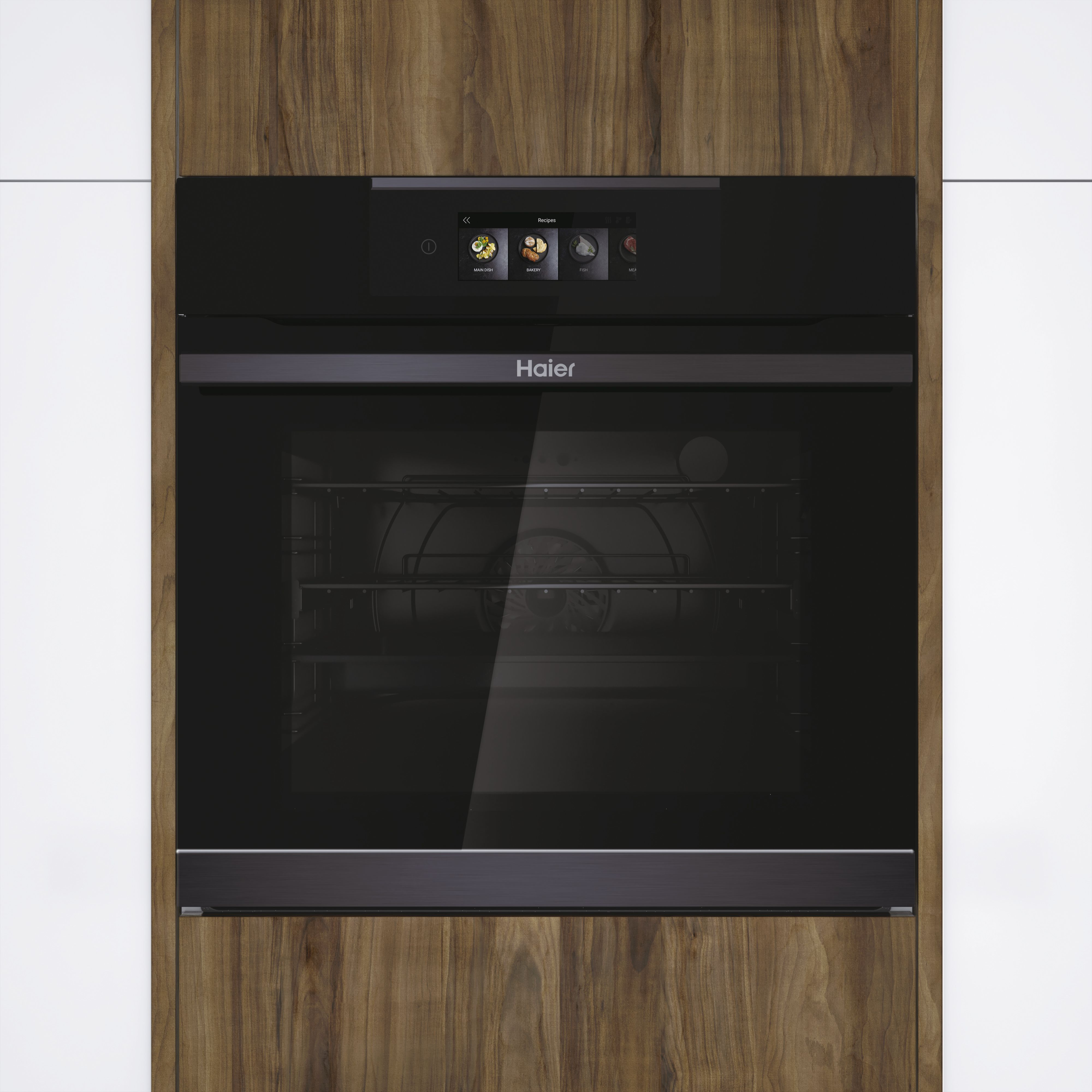 Un horno negro empotrado en una pared de madera, con pantalla táctil.