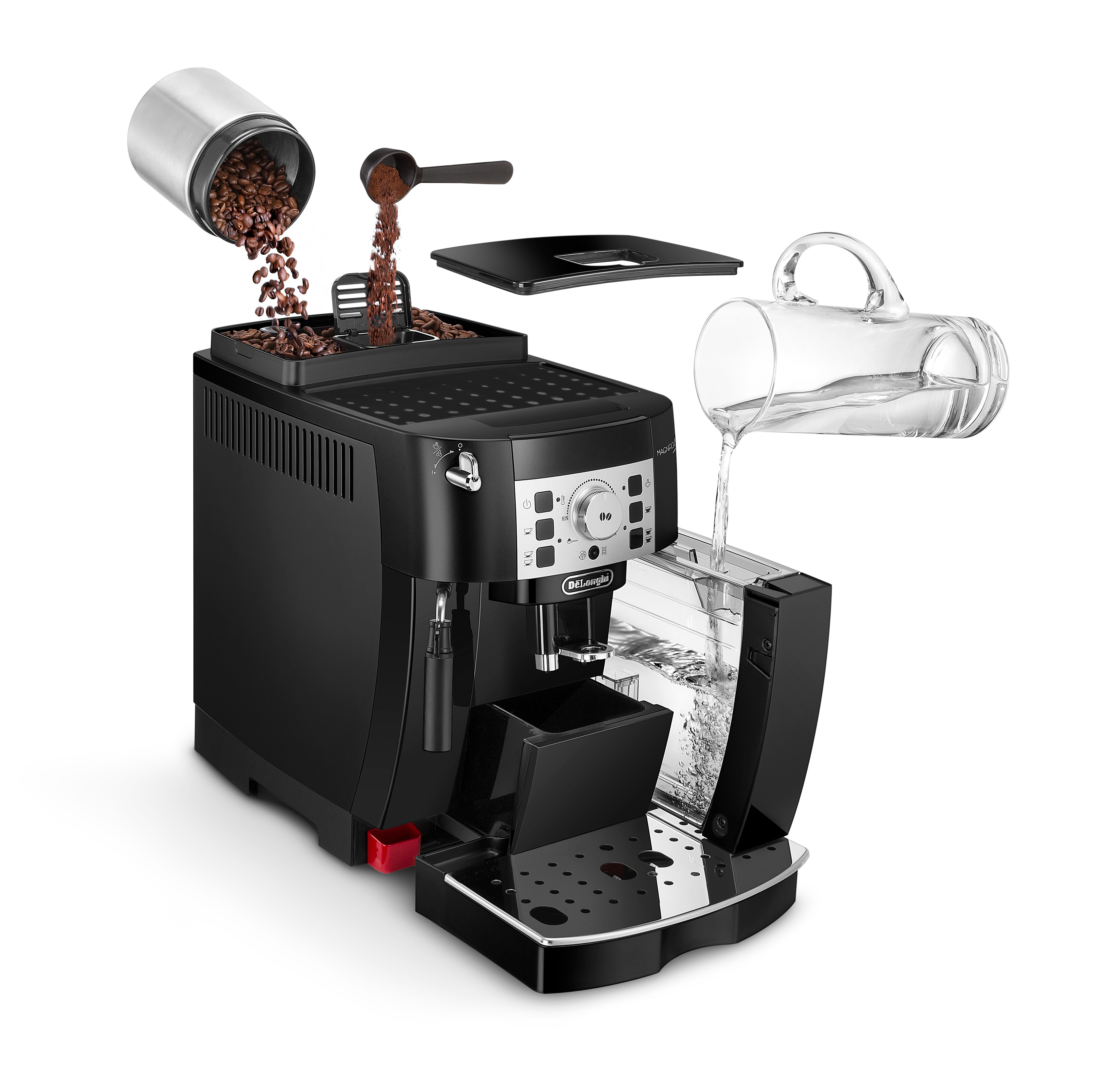 Zwarte espressomachine gedemonteerd, onderdelen zichtbaar. Koffiebonen en water worden gegoten.
