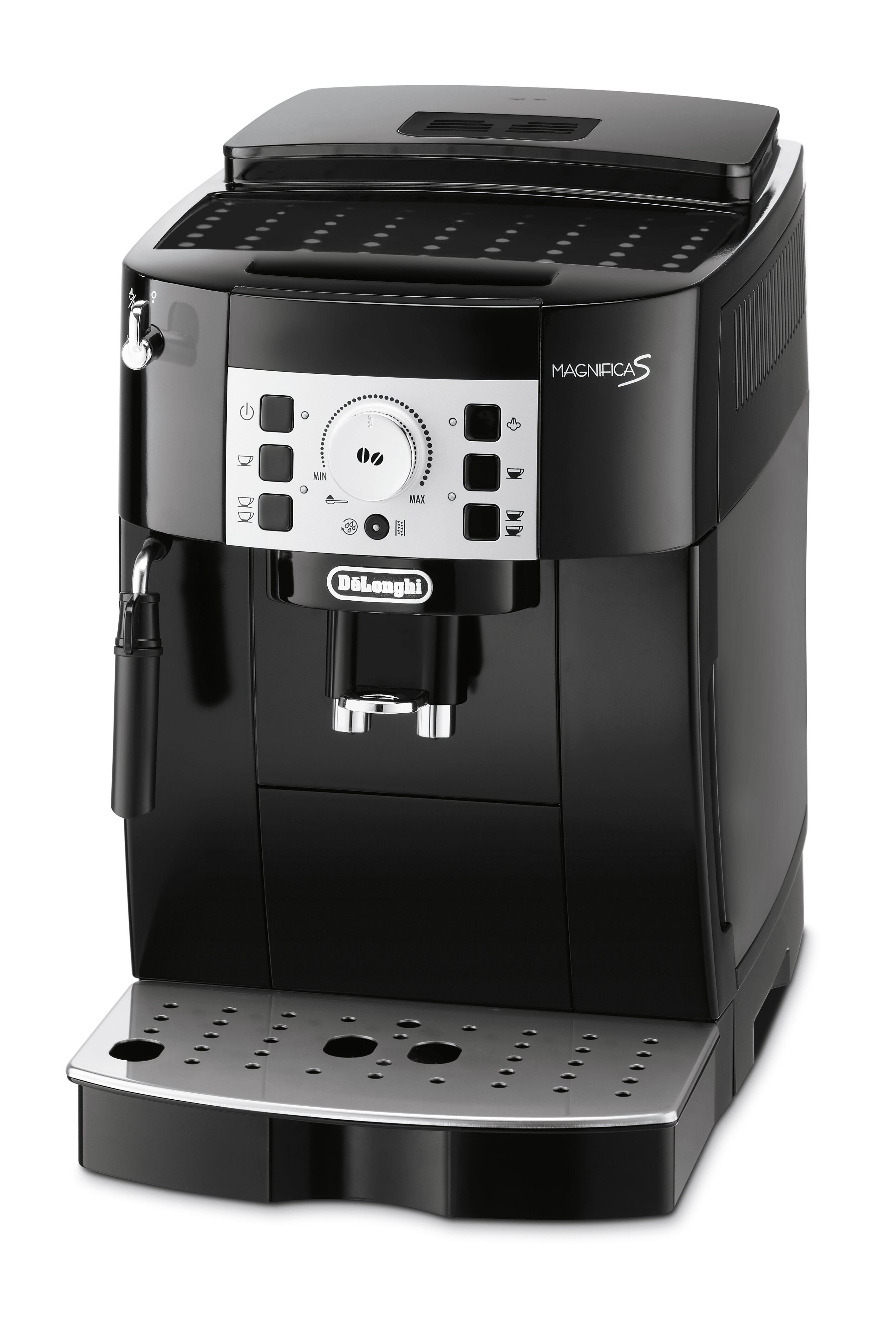 Een zwarte koffiemachine met een zilveren tray en twee glazen espresso.