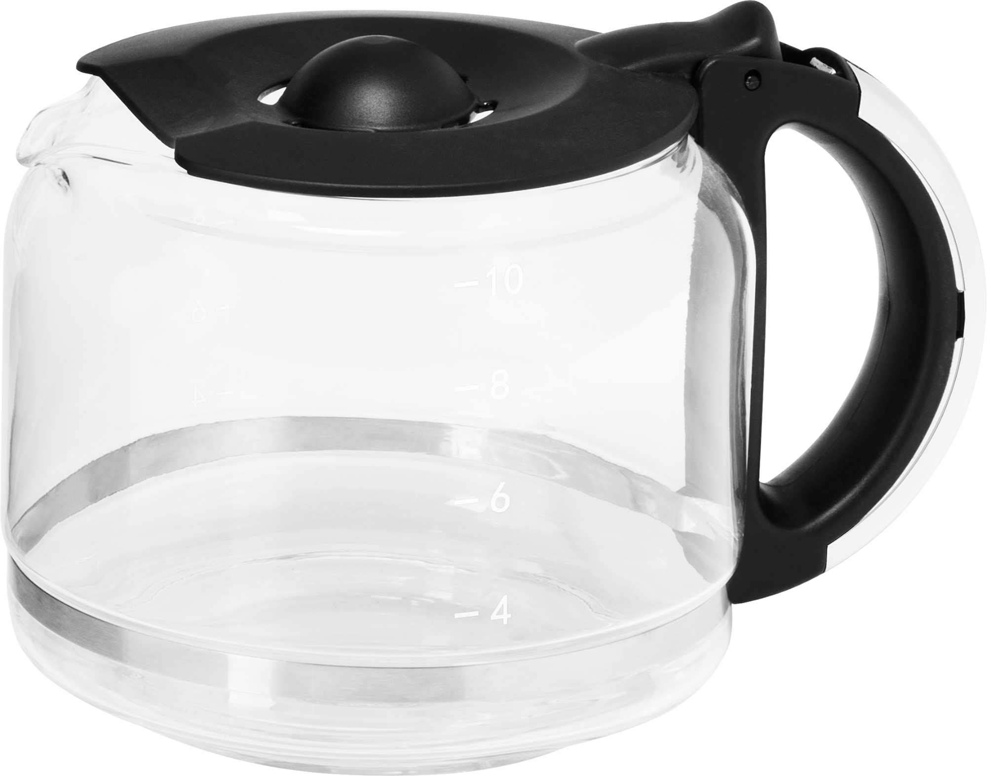 Szklany dzbanek do kawy z czarną pokrywką i uchwytem, ​​oznaczony do pomiaru.