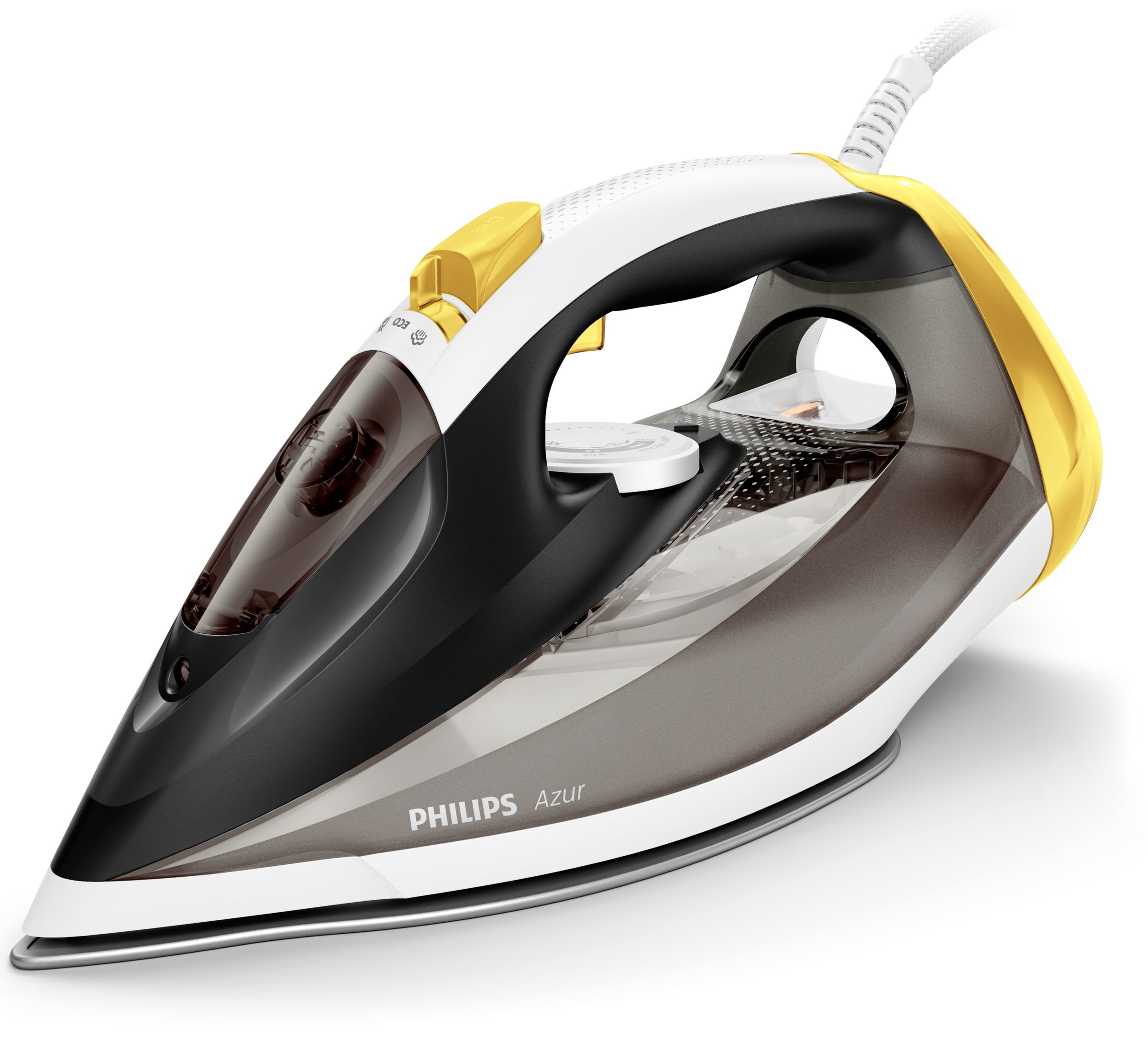 Sarı, siyah ve beyaz Philips Azur ütü. Ütü beyaz zemin üzerinde.