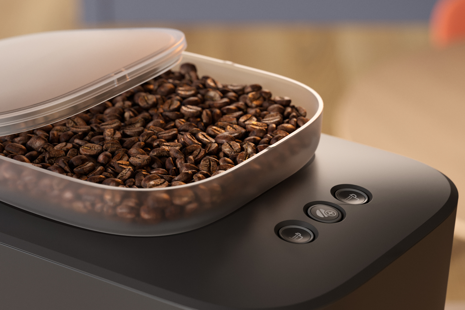 Kaffeebohnen in einem durchsichtigen Behälter auf einer schwarzen Kaffeemaschine, Knöpfe sichtbar.
