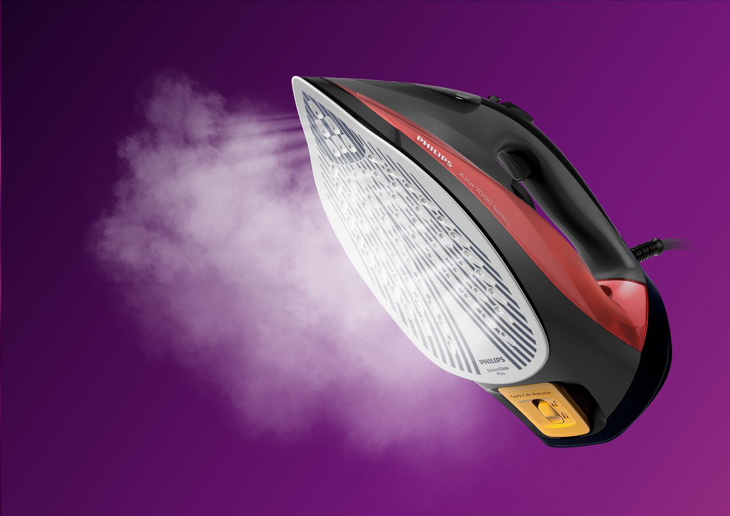 Czarno-czerwono-białe żelazko Philips parujące na fioletowym tle.