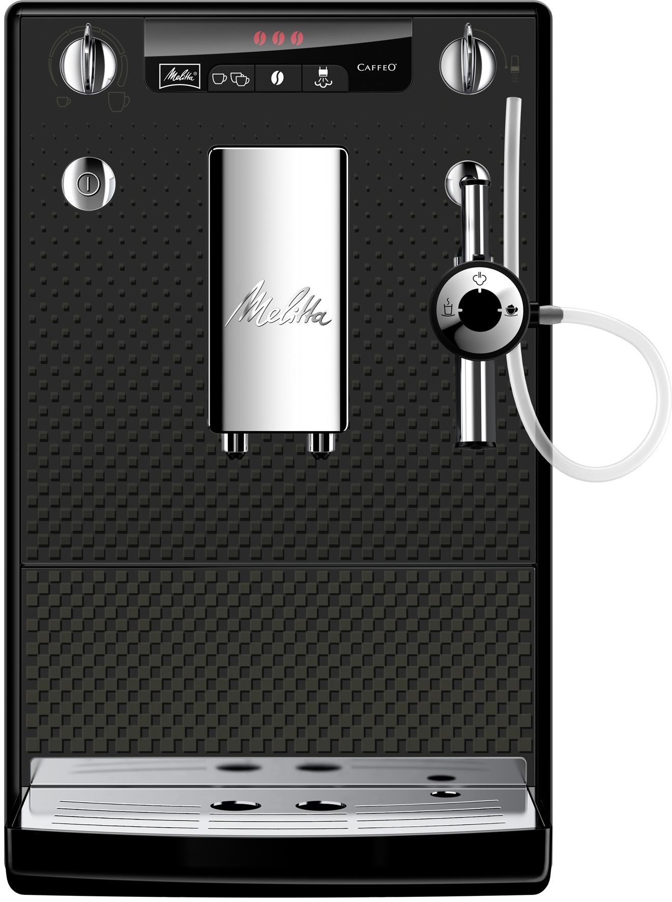 Cafetera Melitta con panel frontal negro, detalles plateados y dispensador de agua.