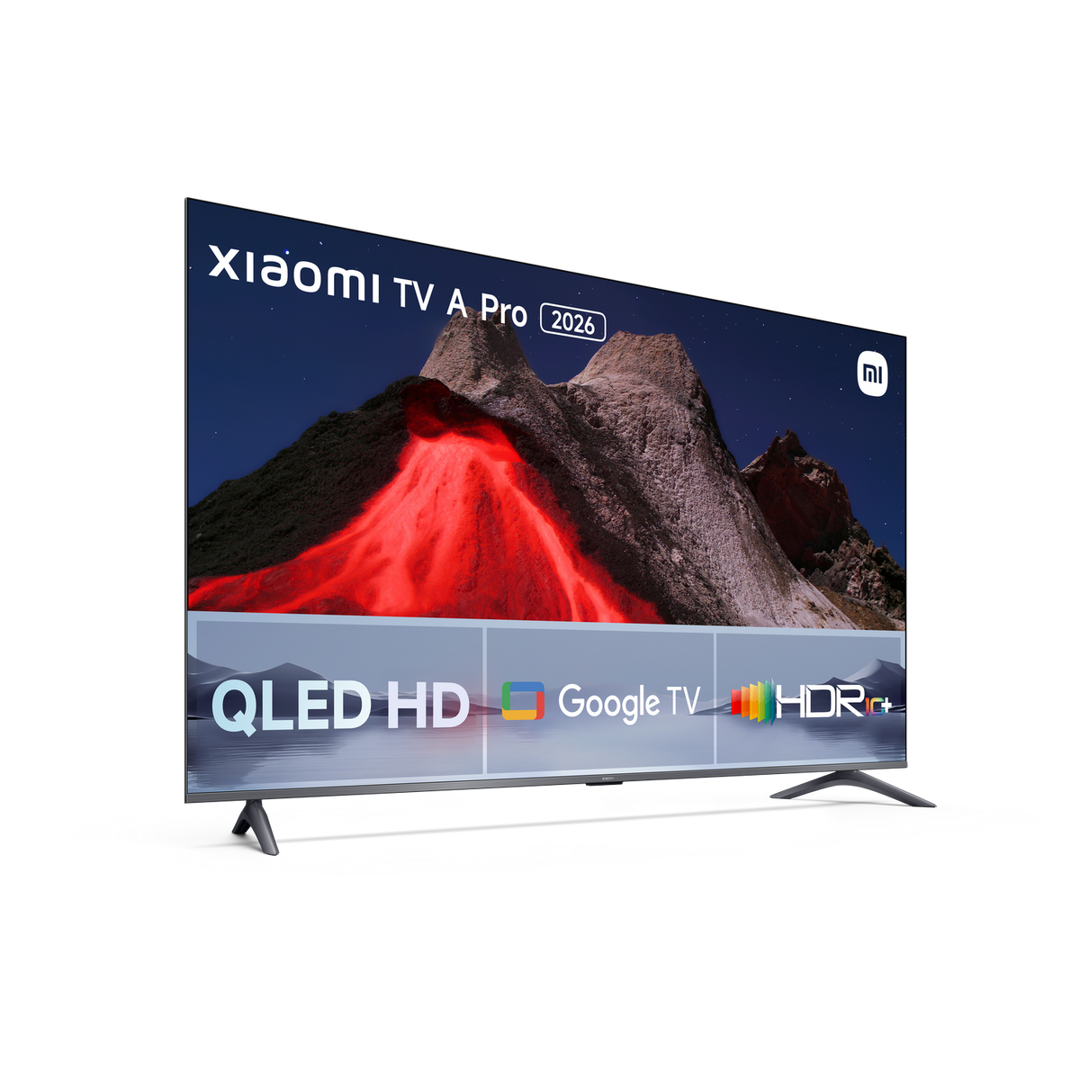 Ekran Xiaomi TV Pro wyświetla krajobraz z czerwoną górą, logo Google TV i innymi szczegółami.