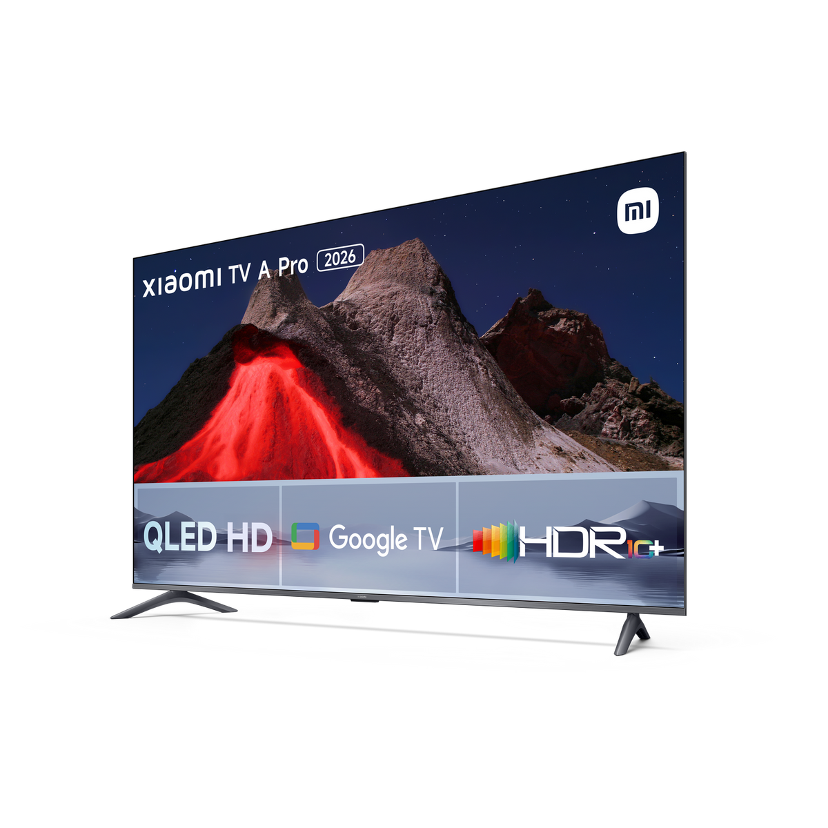 Telewizor z czerwoną sceną górską na ekranie, czarne nogi, logo Google TV i HDR+.