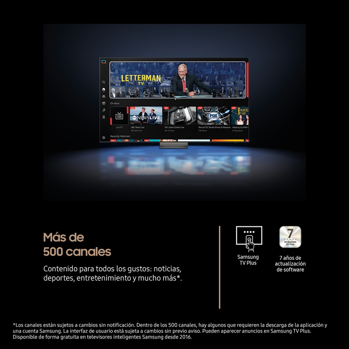 Telewizor Samsung wyświetla kanały TV. Pokazuje Letterman, News, NFL i więcej. Tekst mówi '500+ kanałów'.