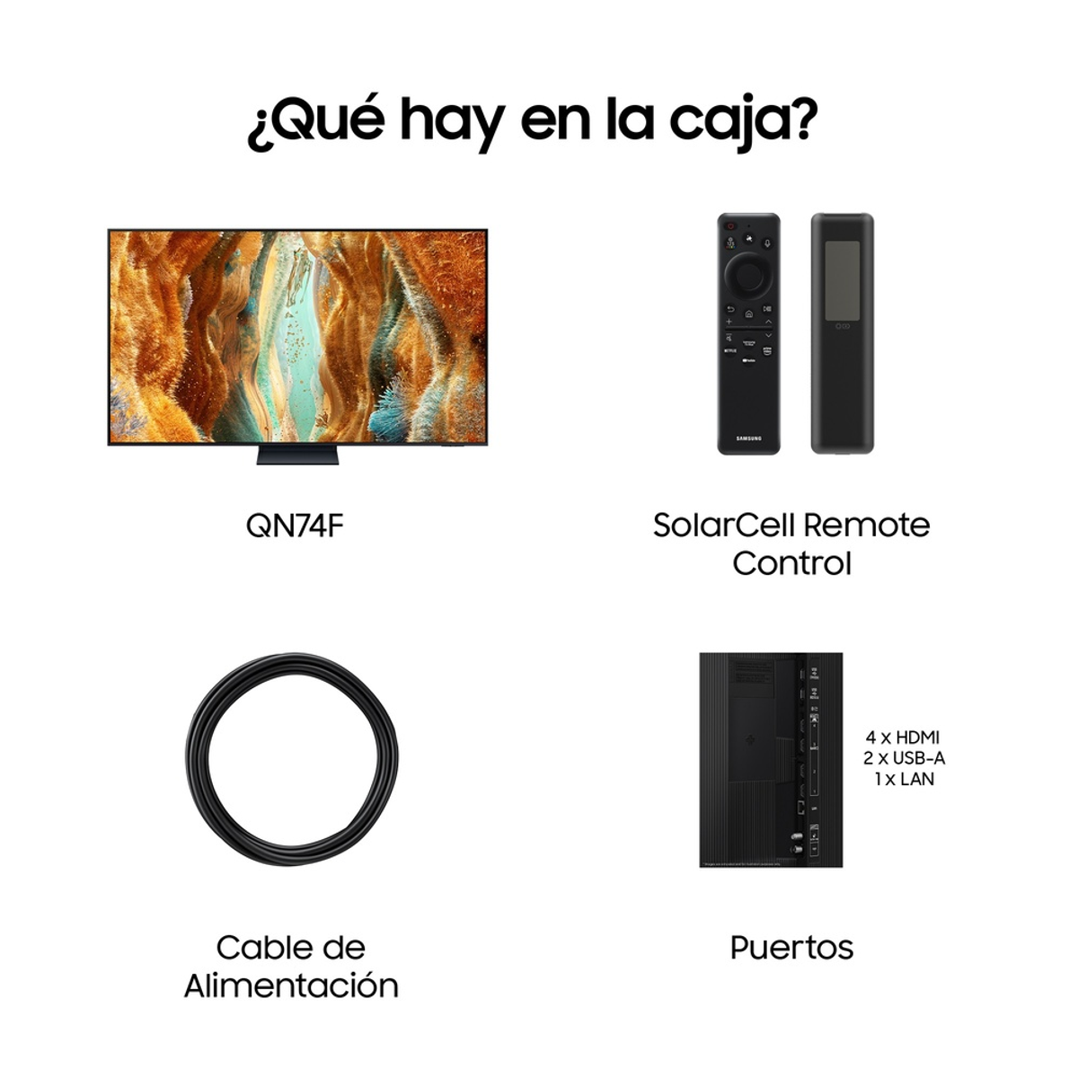 Zawartość pudełka: TV, dwa piloty, kabel zasilający i porty z tyłu telewizora.