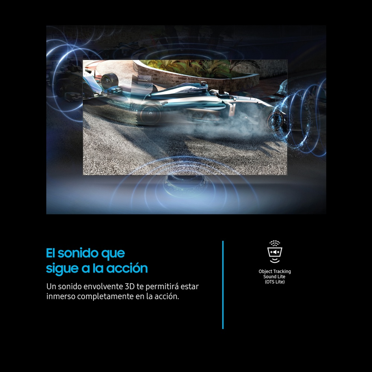 Samochód wyścigowy na torze z falami dźwiękowymi, tekst Object Tracking Sound Lite.