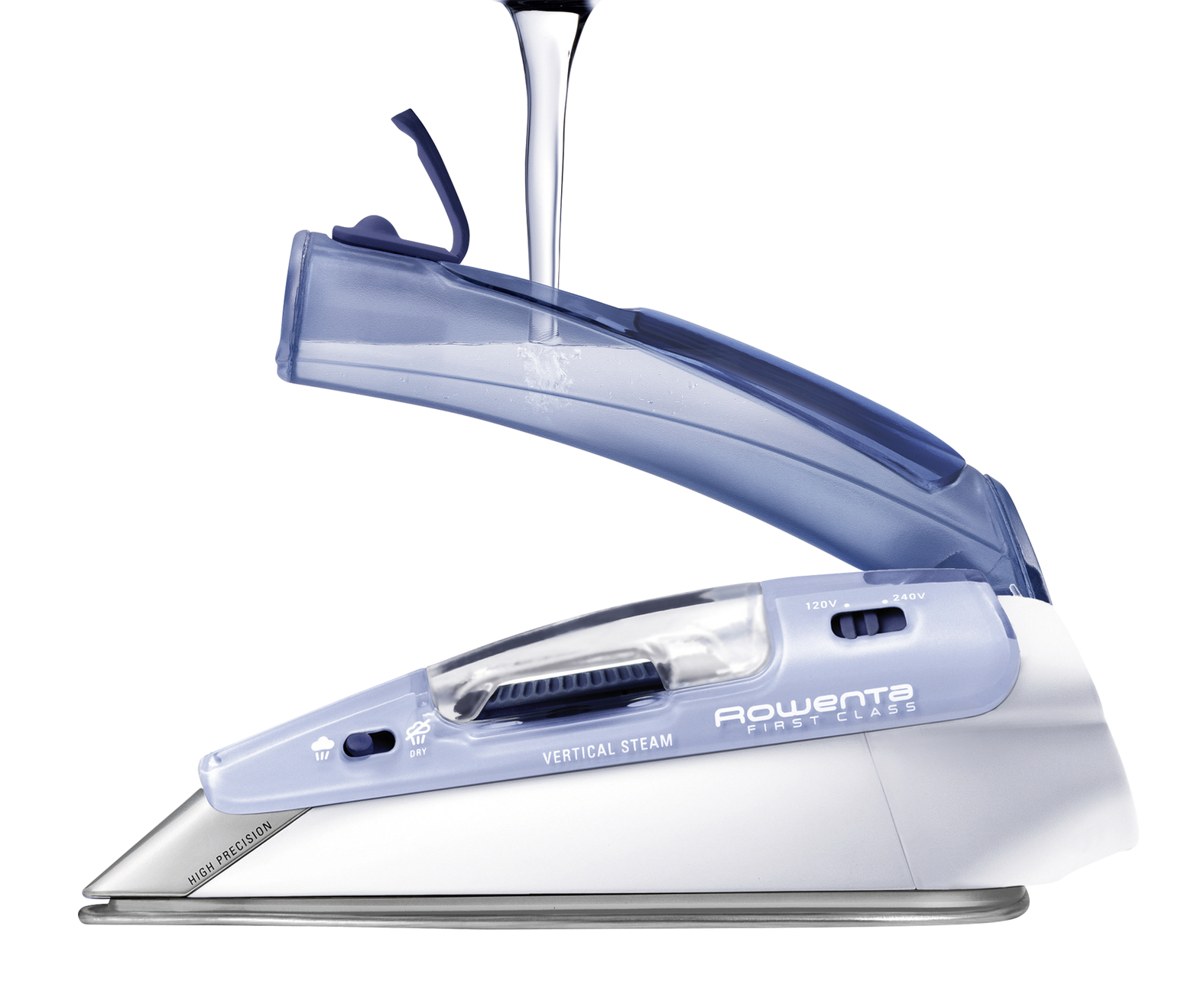 Widok z góry na niebieskie żelazko spoczywające na ciemnoszarej powierzchni materiału.