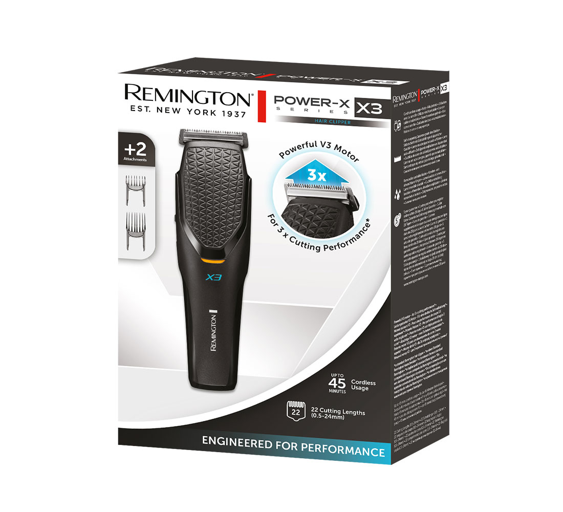Verpackte Remington X3 Power-X Serie Haarschneidemaschine mit Aufsätzen und kabelloser Nutzung.