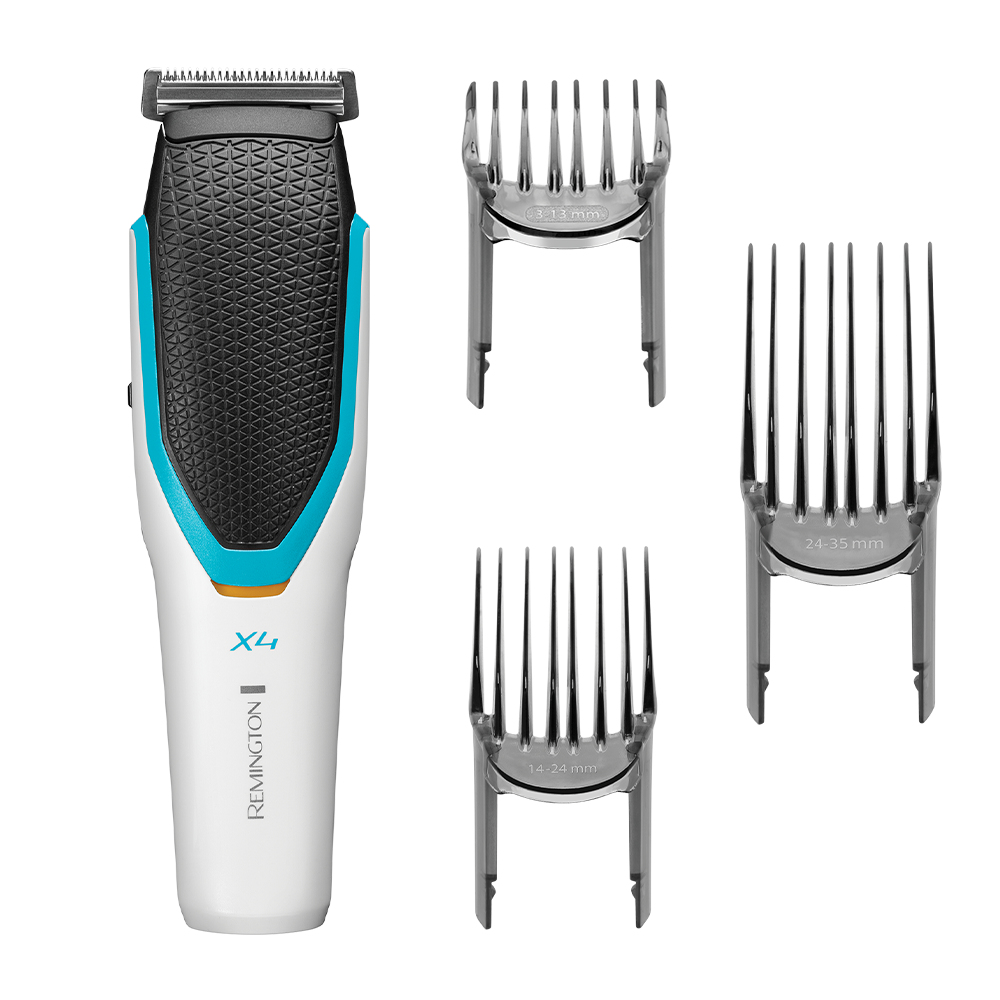 Trimmer per barba Remington X4 bianco e blu con tre attacchi a pettine, isolato su bianco.