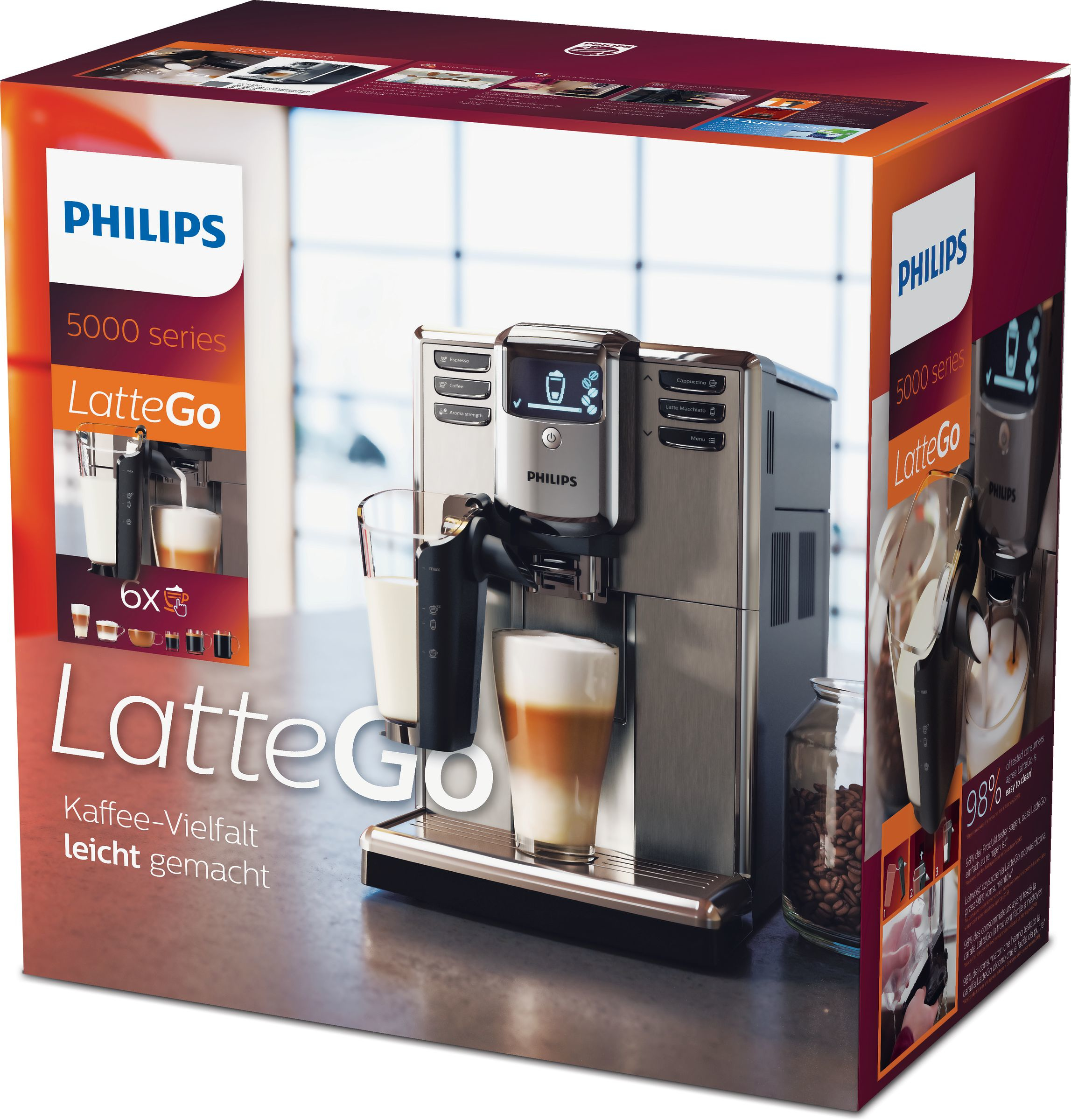 Scatola macchina da caffè Philips LatteGo, argento con immagine latte art. Sfondo bianco.