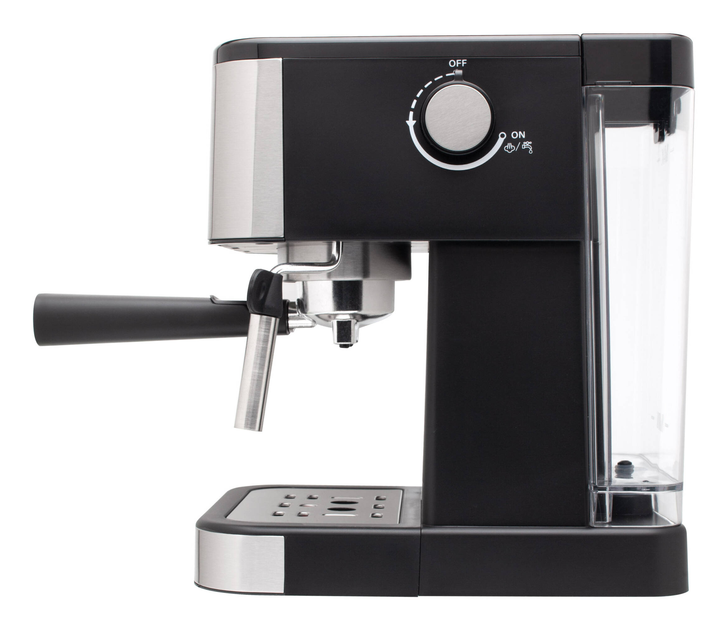 Máquina de espresso negra. Vista lateral. Fondo blanco.