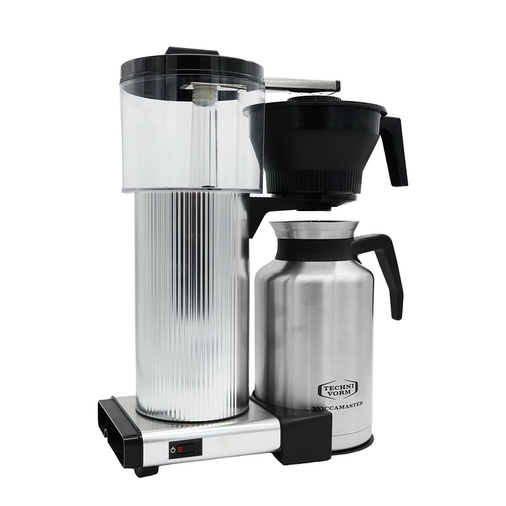 Cafetera Techni Vorm Moccamaster. Plata, filtro negro y jarra de acero inoxidable.
