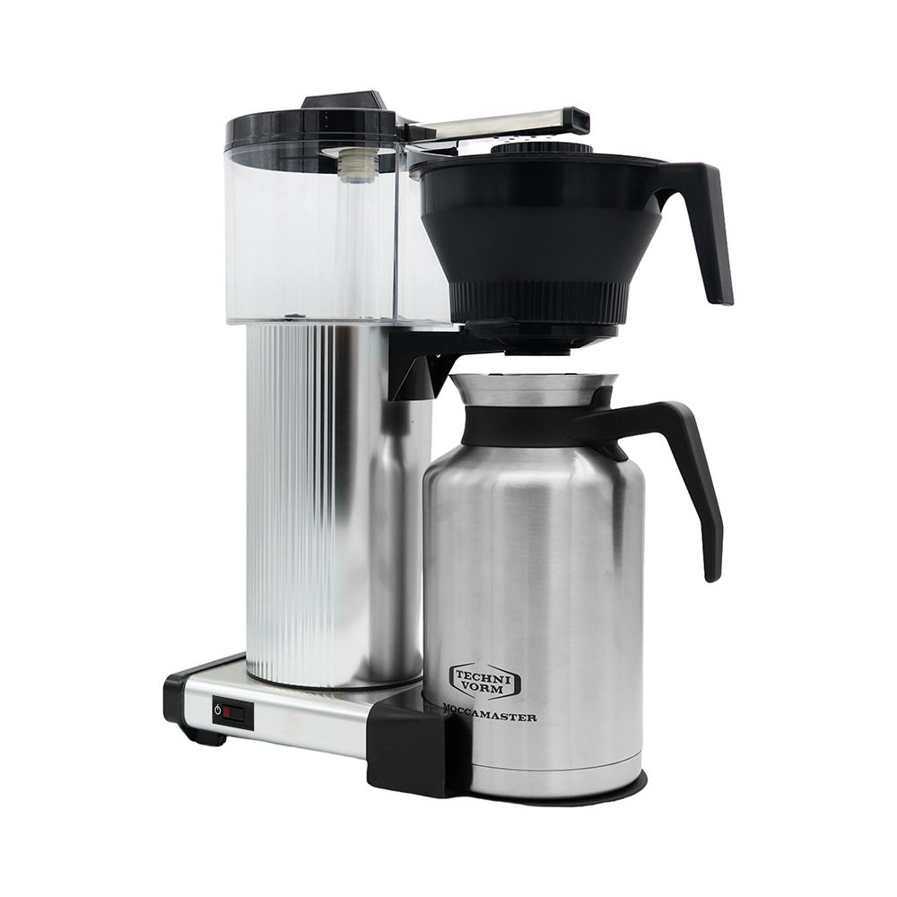Cafetera de acero inoxidable. Depósito de agua transparente, embudo negro y jarra térmica de acero.