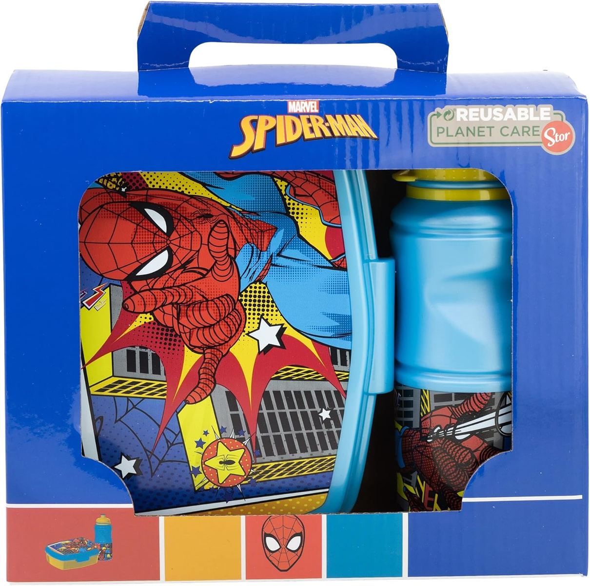 Set de fiambrera Marvel Spiderman con botella y gráficos de Spiderman en la caja y artículos.
