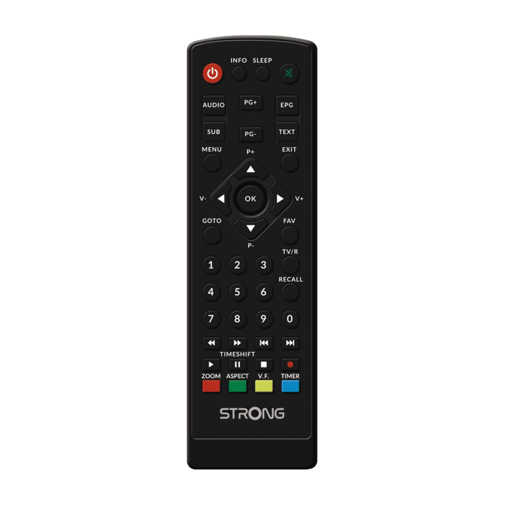 Mando a distancia STRONG negro con botones para funciones de TV. Tiene muchos botones.