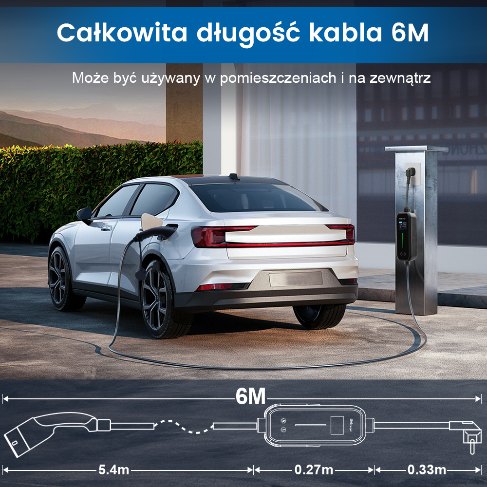 Biały samochód podłączony do stacji ładowania kablem 6M. Schemat pokazuje kabel i wymiary.