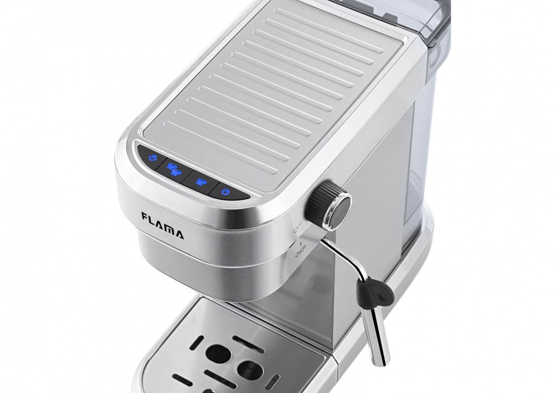 Zbliżenie srebrno-czarnego ekspresu do kawy z przyciskami. Maszyna stoi na białej powierzchni.