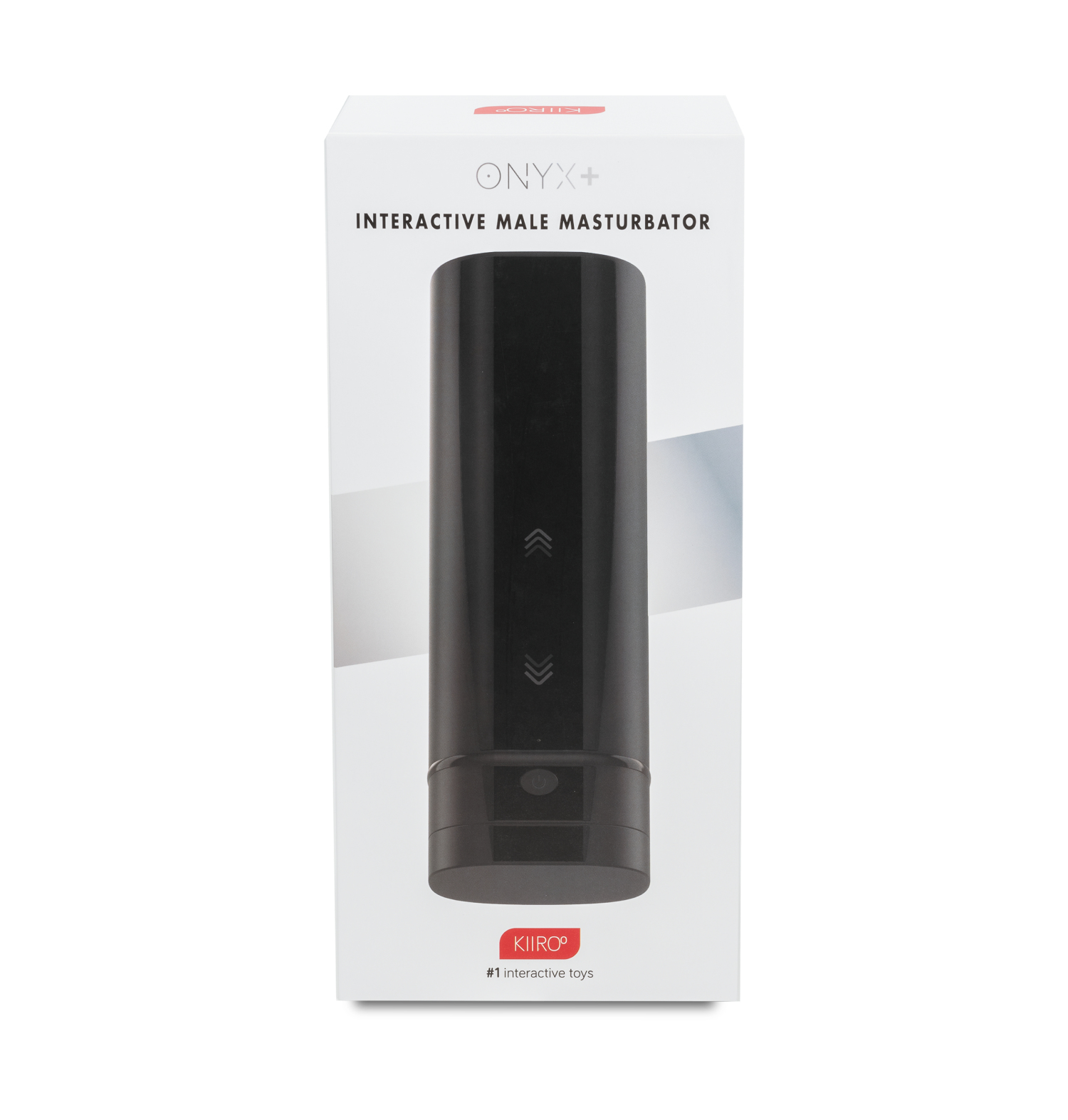 Czarny interaktywny masturbator męski w białym pudełku. Pudełko zawiera tekst i strzałki.