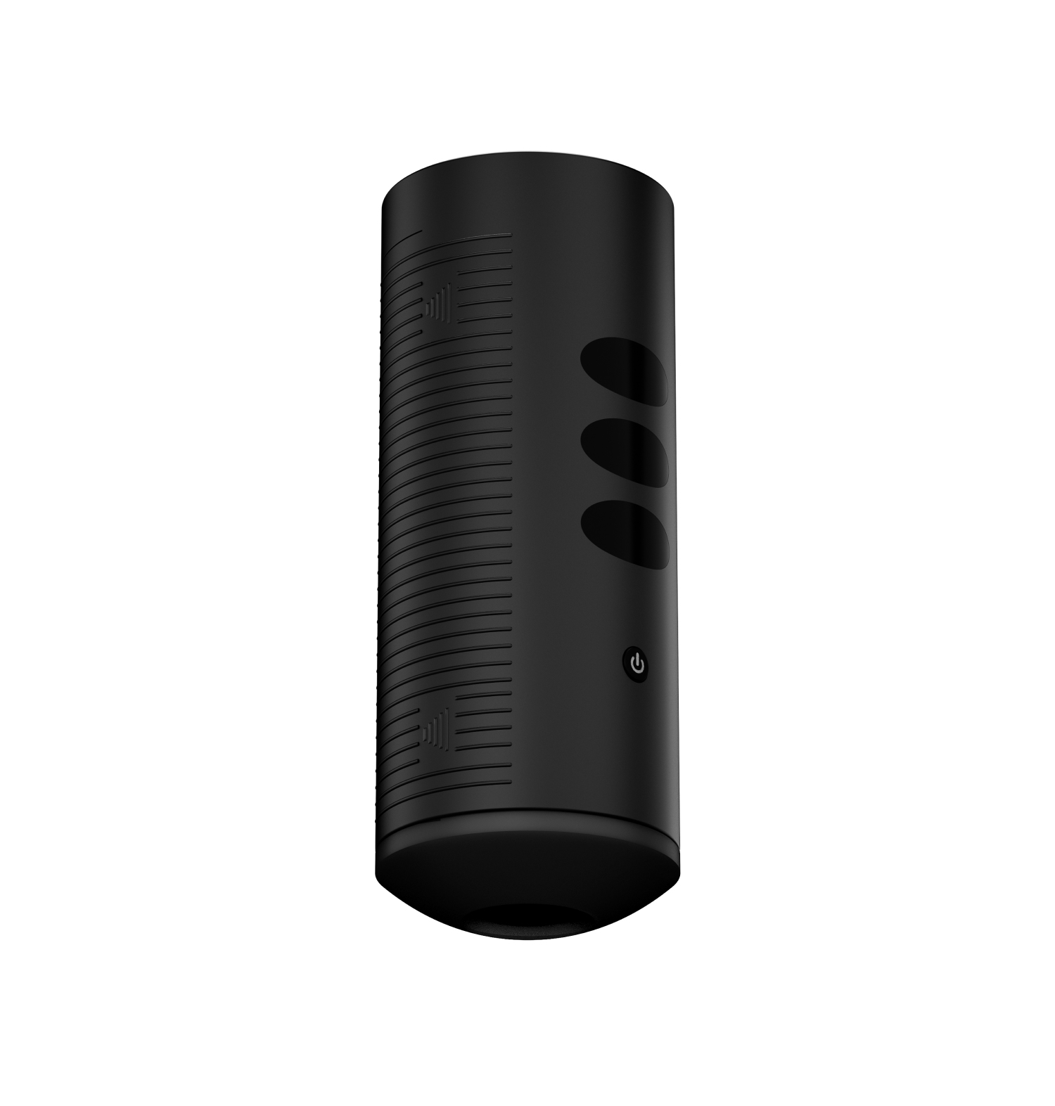 Czarna, cylindryczna zabawka erotyczna z trzema owalnymi wycięciami i przyciskiem zasilania.